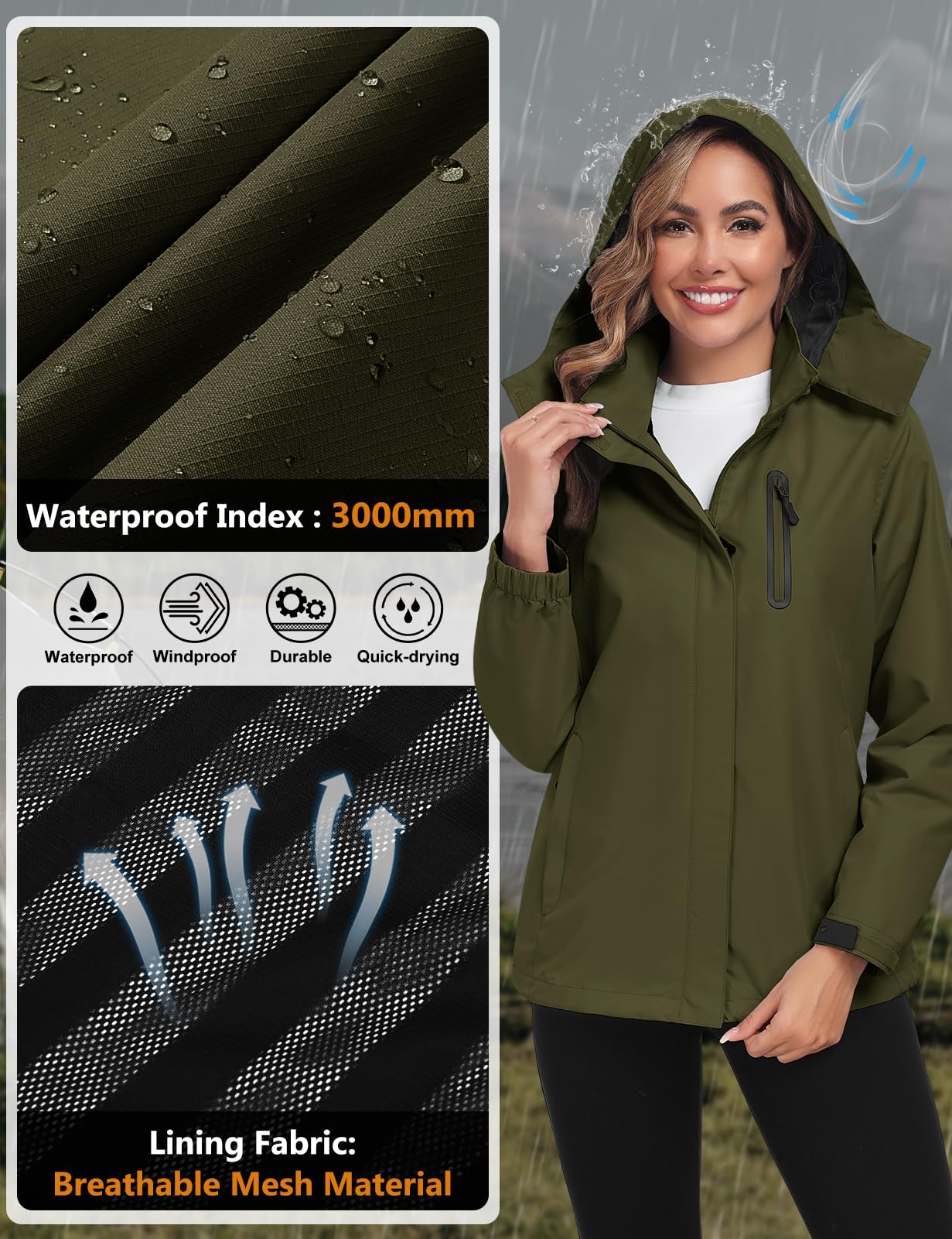 UMIPUBO Veste Imperméable Pour Femme Pluie Coupe Vent Respirante Blouson Outdoor Randonnée Jacket Avec Capuche Pour Rain Saison
