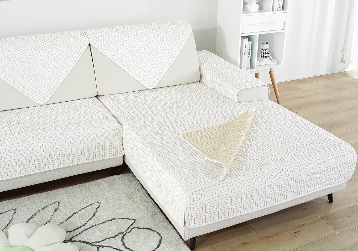 vctops Geometric Embroidery Cotton Sofa Couch Cover Non Slip Quilted Sectional Couch Covers Farmhouse Solid Color Sofa Slipcover for Dogs, Children, Pets Furniture Protector (Cream,28"x70")