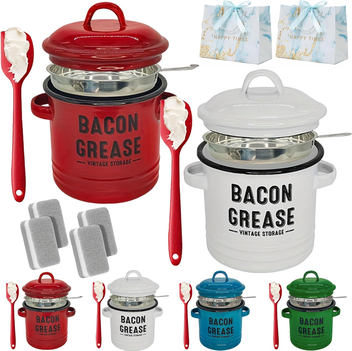 46 Oz Bacon Grease Container with Strainer and Food-Grade Silicone Spatula, Large Capacity Bacon Grease Saver, Enamel Rustic Farmhouse Fat Container, Keeper, Recipes, Dishwasher Safe (White+Red)