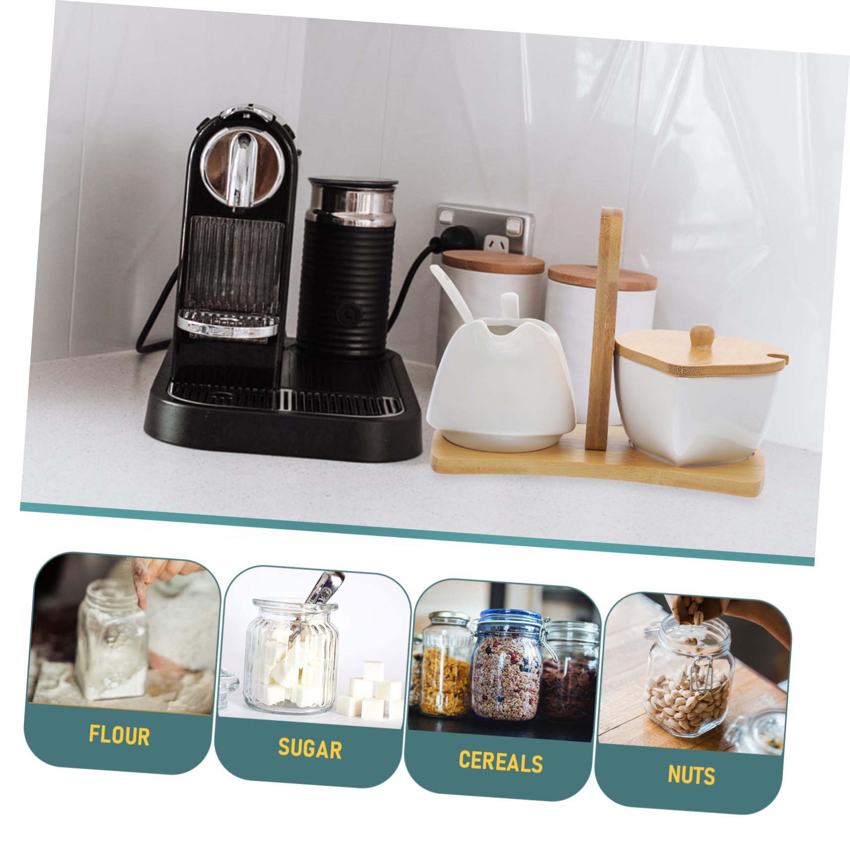 IMIKEYA Juego de Azucarero y Jarra de Crema de Cerámica Diseño Sencillo Blanco con Bandeja y Cuchara de Bambú para Hogar y Hotel