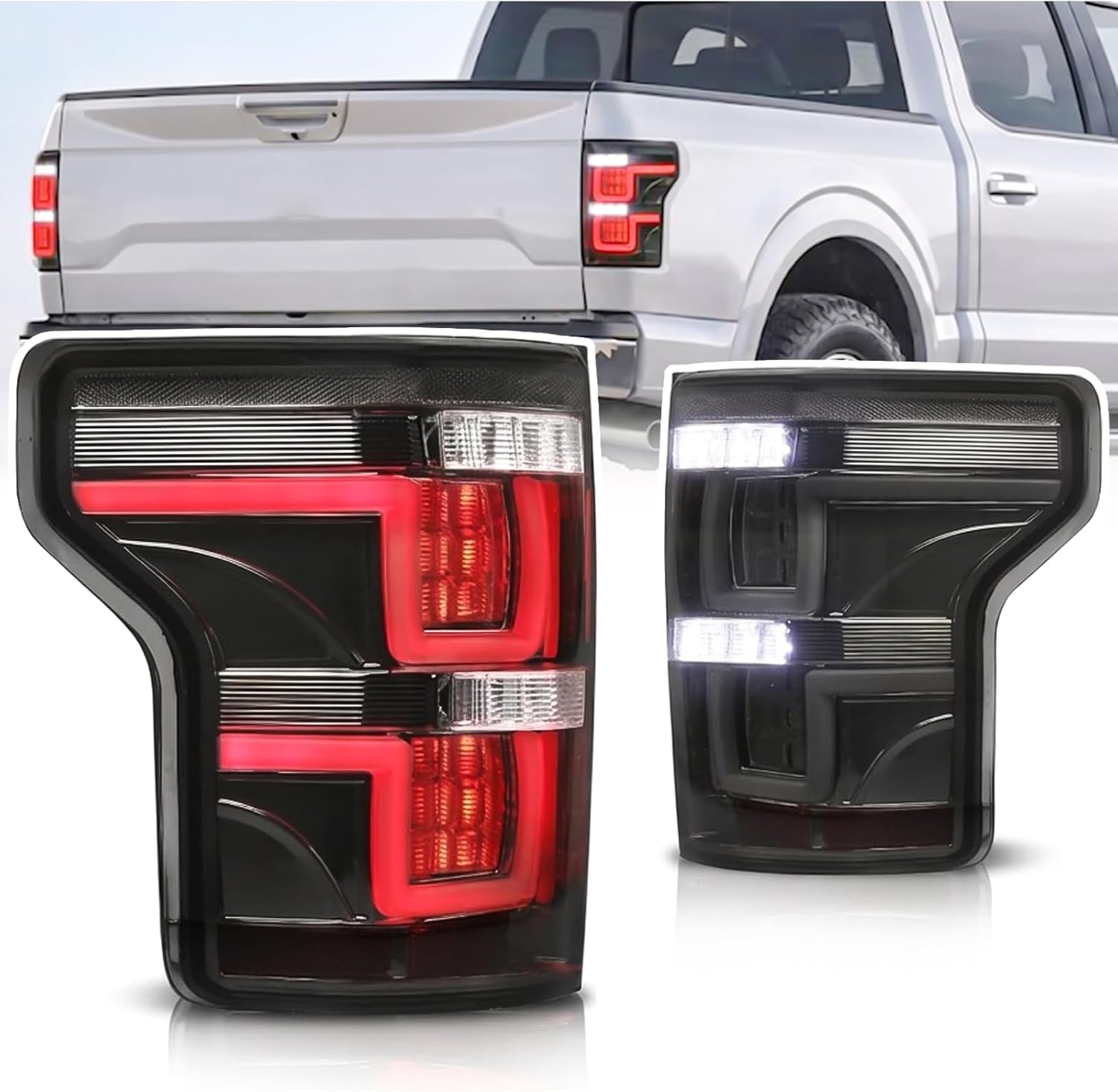 FIT for 2015-2020 Ford F150 F-150 Tail Lights LED Tube Smoke Rear Lamps, Pair Driver+Passenger, w/o Blind Spot Sensor