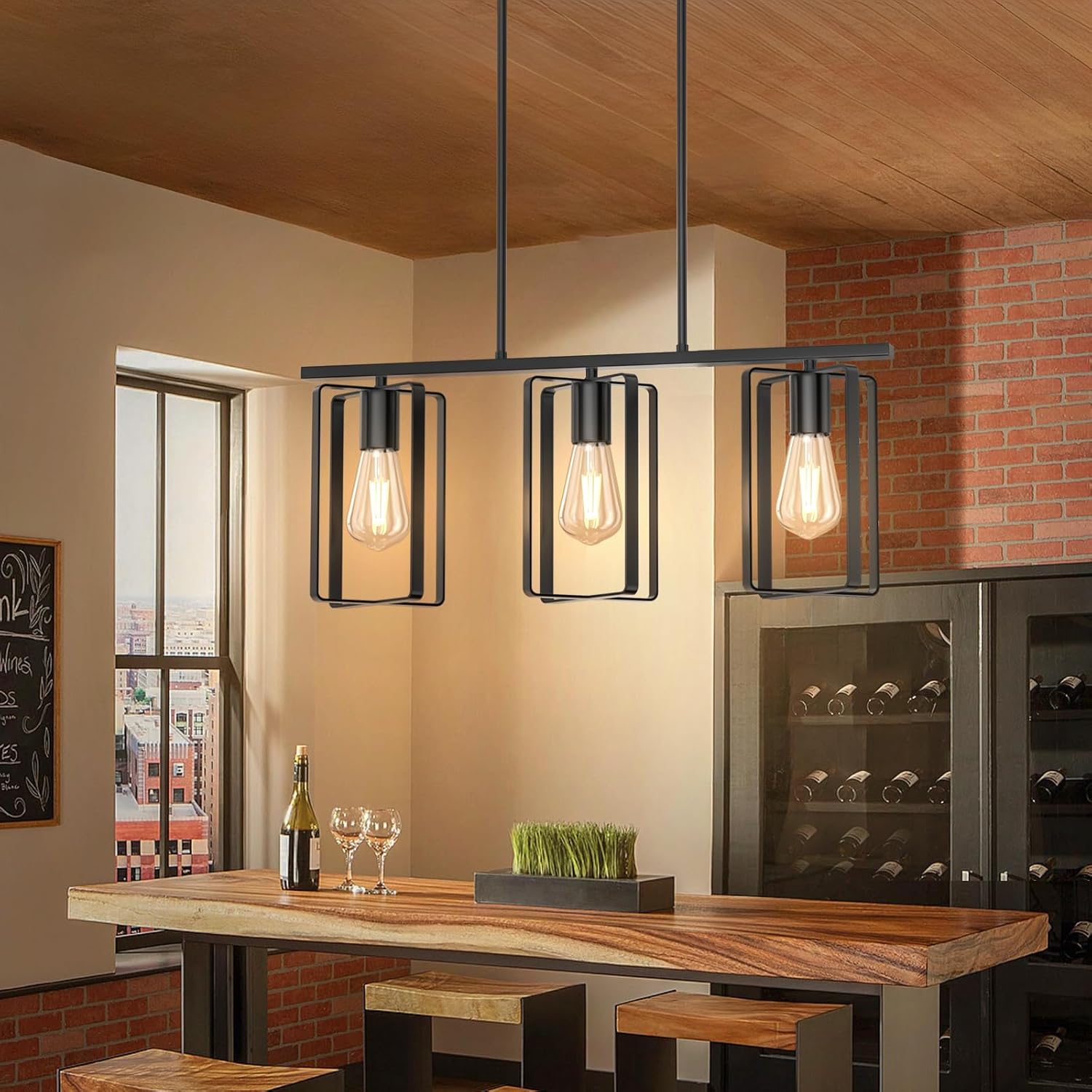 Farmhouse Kitchen Island Chandelier, 3-Light Adjustable Height Industrial Rustic Hanging Pendant Light Fixture with Flexible Shade, Linear Island Lighting for Dining Room Over Table Bar, Black 3-Lights