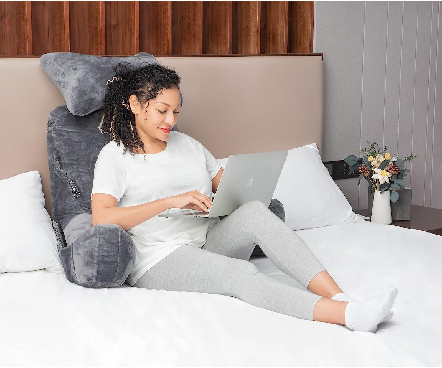 SLIGUY Almohada de Lectura Almohada de Descanso en Cama Extra Grande de 31 Pulgadas con Rollo de Cuello y Brazos Desmontables, Almohadas de Espalda para Adultos para Leer, Relajarse, Gris Oscuro