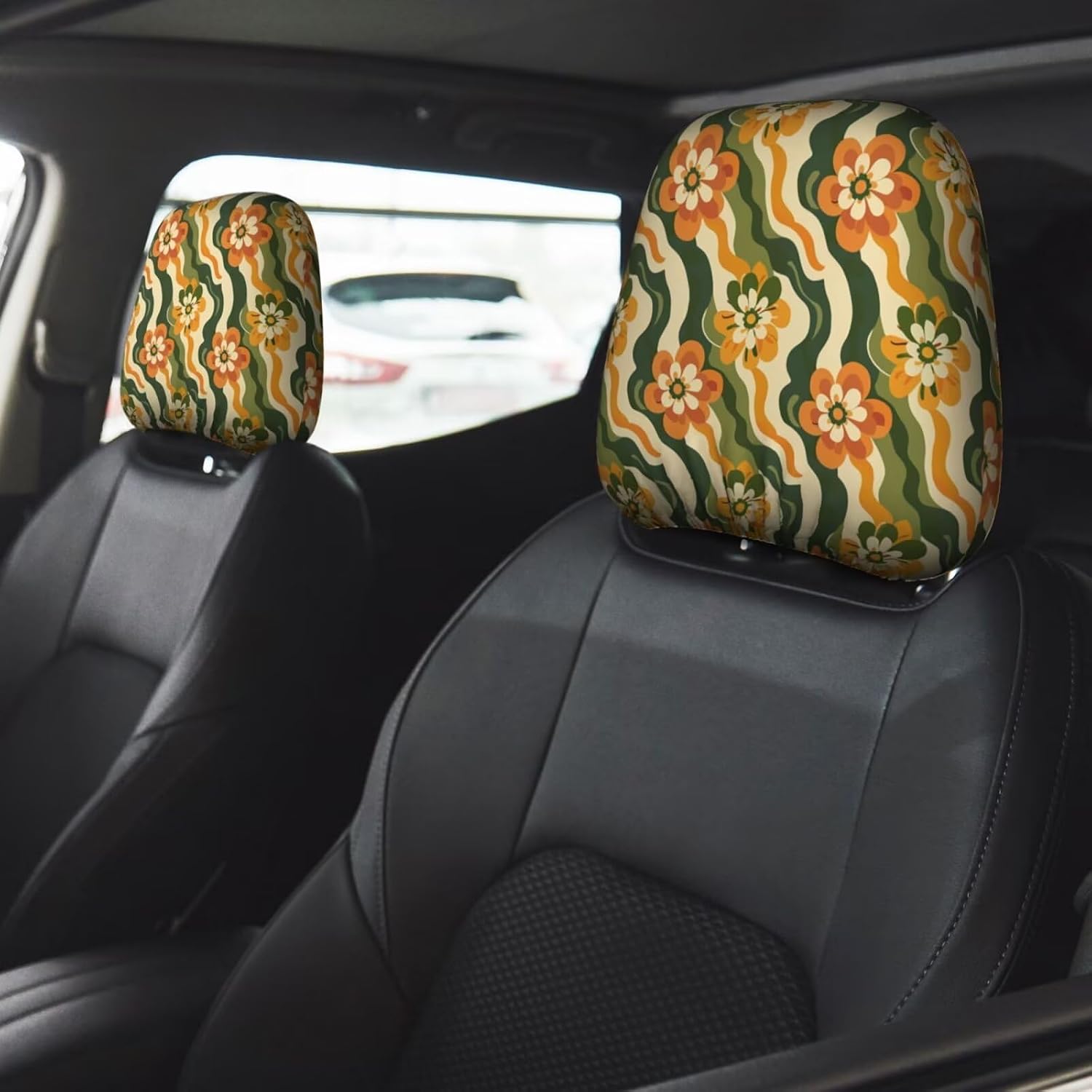 2 Pcs Universal Car Seat Headrest Cover Boho Daisy Soft Fabric Head Rest Covers for SUV Truck Van Hippie Yellow Green Stripe Washable Head Rest Wrap Covers Protector