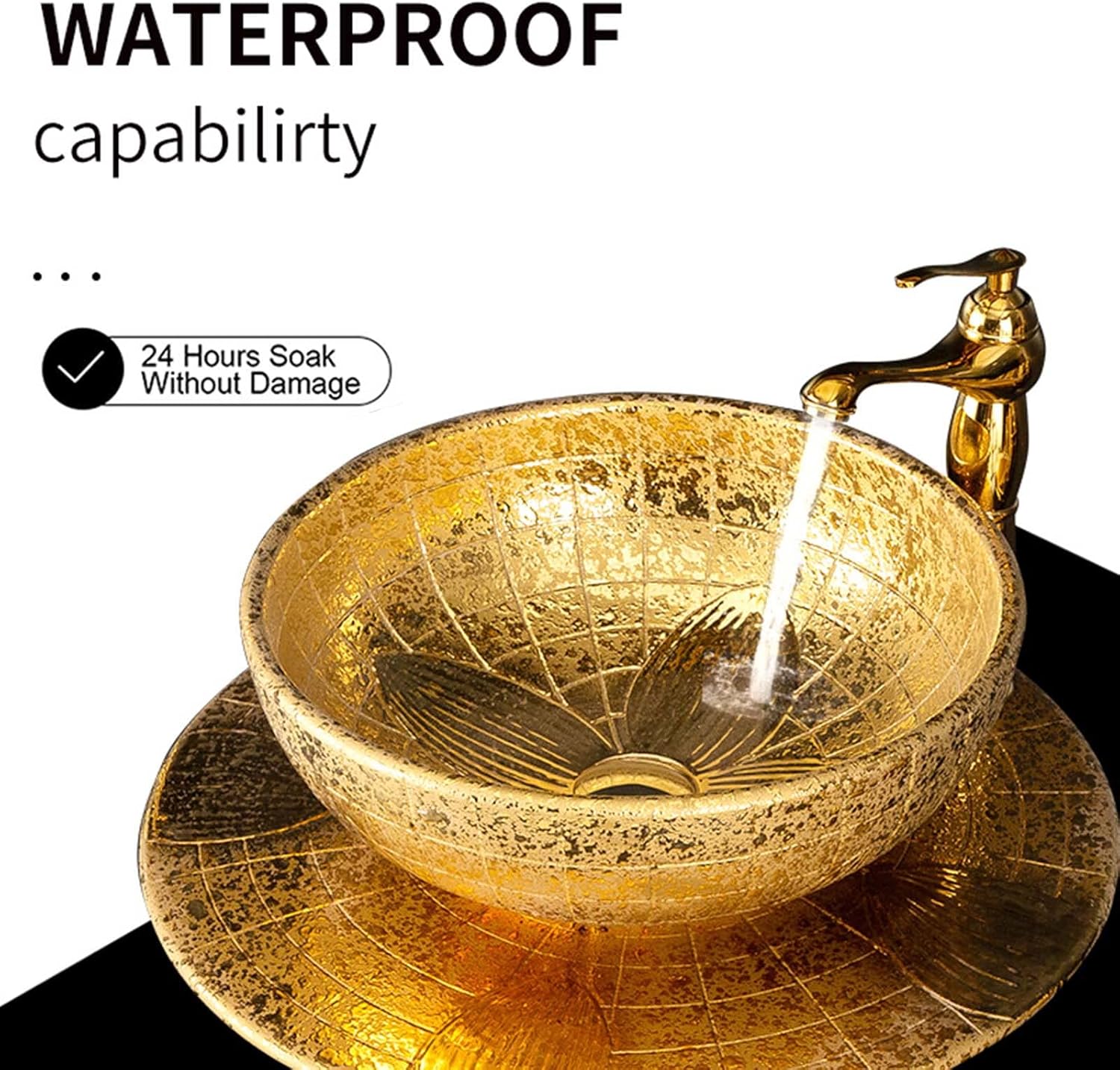 Pedestal Sink 16"X16" Gold Plated Modern Ceramic Bathroom Basin Sink, Kaolin Clay Pedestal Sink Round Freestanding Sink, Scratch and Stain Resistant,Without Mirror