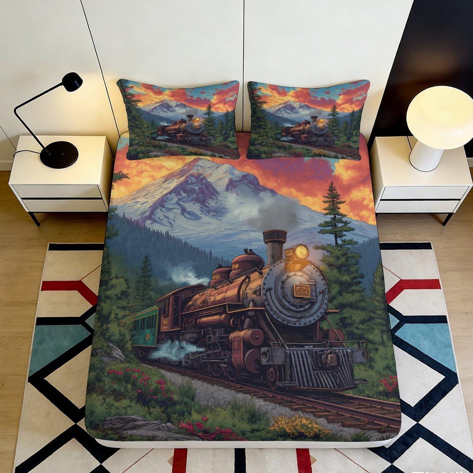3D Printed Train Landscape Fitted Sheet Microfiber Deep Pocket Non-Slip Train Mountain Mattress Fitted Cover Elastic Hem Bedroom Bedding 160x200x25cm