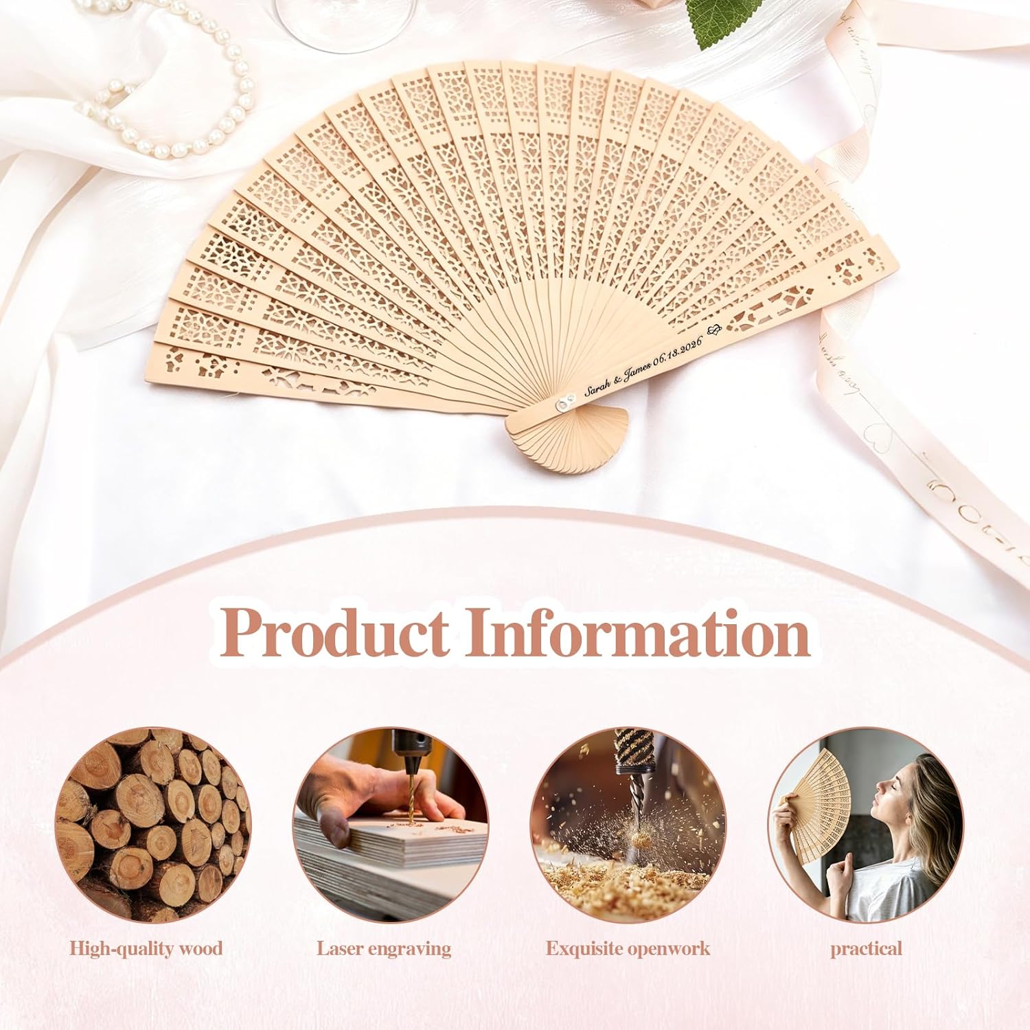 Fans for Wedding Guests – Foldable Wooden Hand Fan, Personalized Wedding Favors, Custom Name & Date, Fans Bulk for Summer Wedding