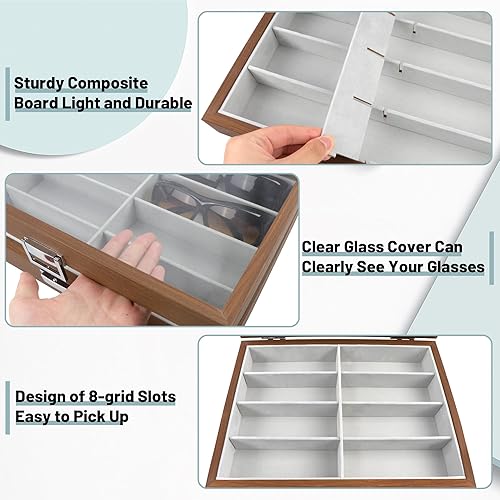 Miniatura 4 de Homeanda Estuche de madera para lentes de sol, 8 rejillas, organizador de gafas, bandeja para gafas, expositor, organizador con cubierta