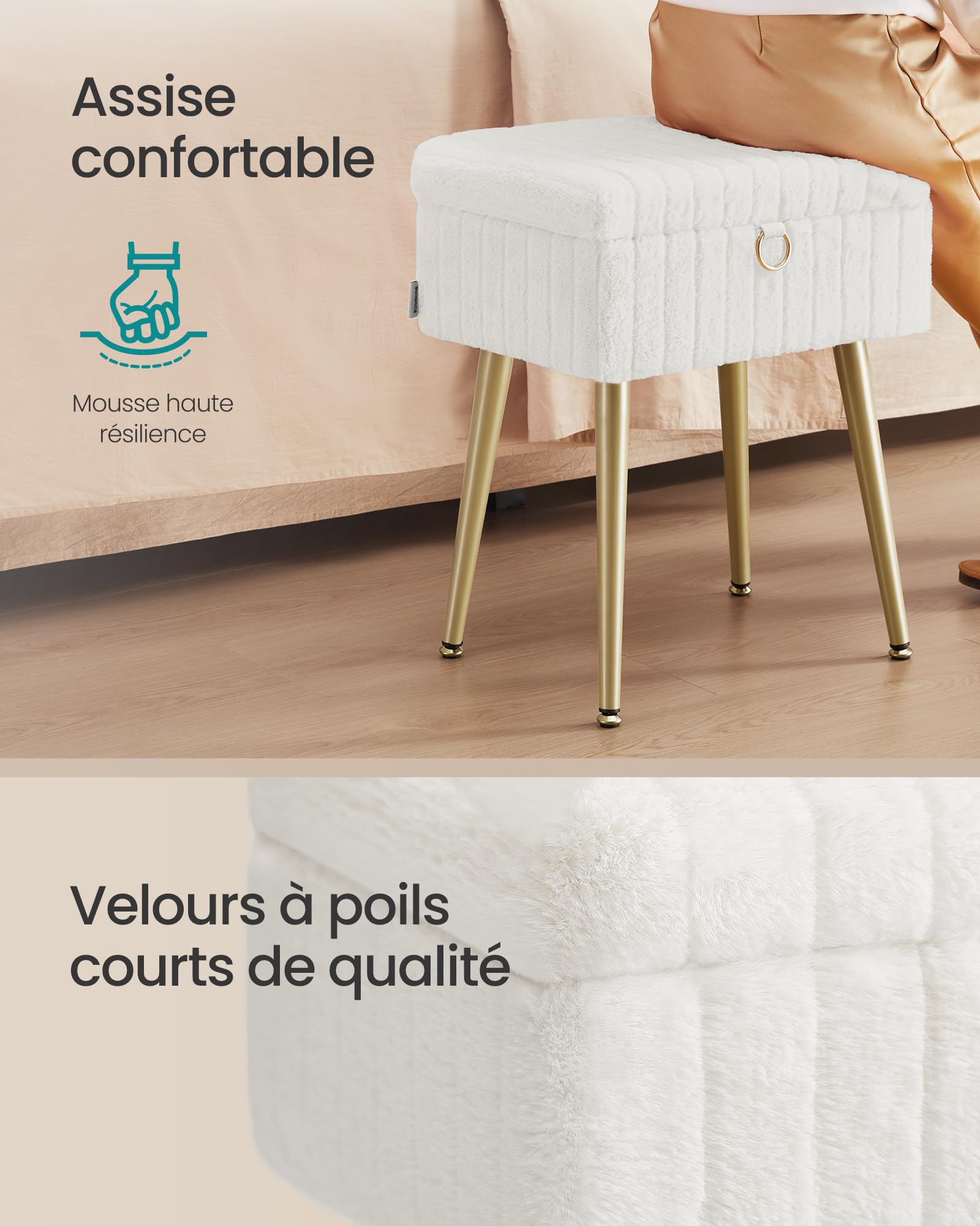 SONGMICS Tabouret de Coiffeuse, Tabouret avec Rangement, Repose-Pieds, Pieds en Métal, Rembourré, Pieds Réglables, pour Salon, Chambre, Dressing, Blanc Crème LOM505WZ02