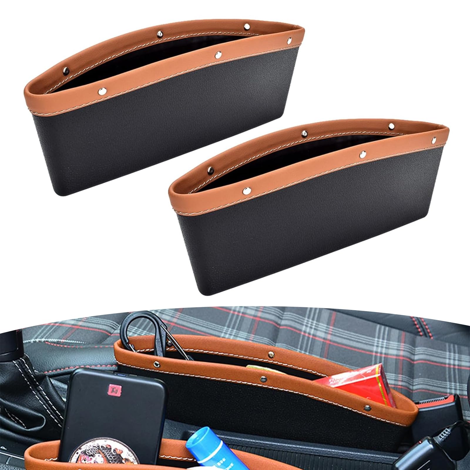 FluherFluher 2 PCS Car Seat Gap Storage Box, 9.4 x 11 x 4.1 Leather Easy-to-clean Gap Filler, Cell Phone, Card Glasses, Keys, Coin Storage Organizer, Universal for Car Storage Accessories (Brown & Black)