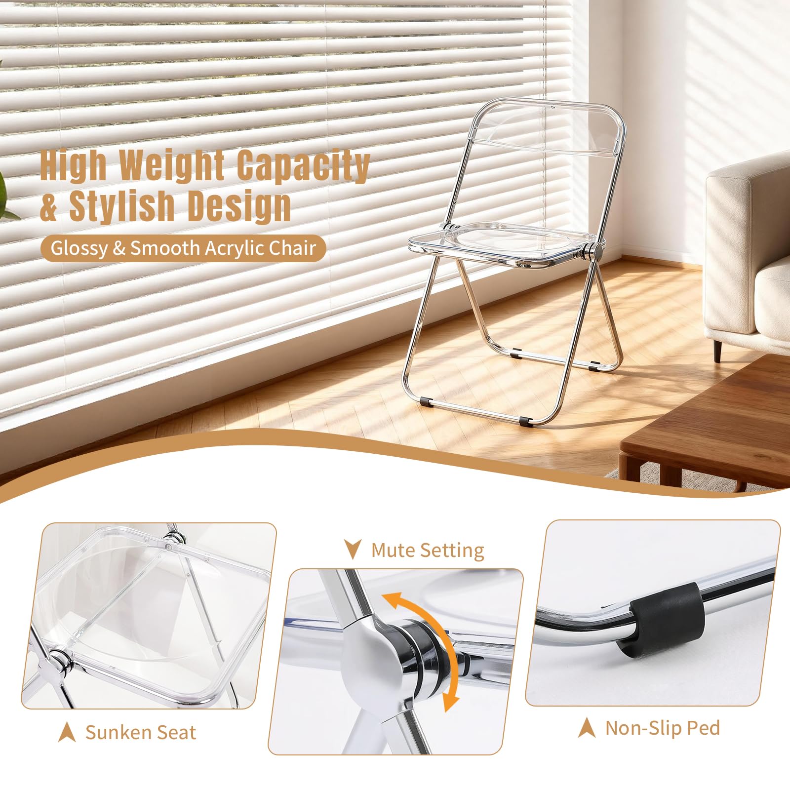 Silla plegable de acrílico, silla plegable transparente, silla plegable portátil con marco de metal para el hogar, oficina y eventos