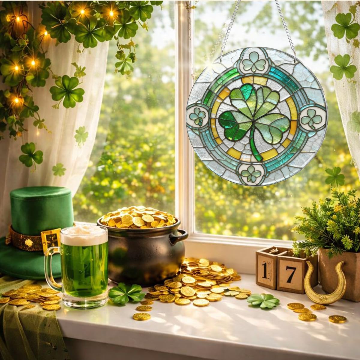 St Patrick’s Day Shamrock Window Decor, Stained Glass Style Irish Clover Hanging Ornament, Festive Irish Holiday Decoration Gift, St Patrick’s Day Gifts for Women Men - Image 4