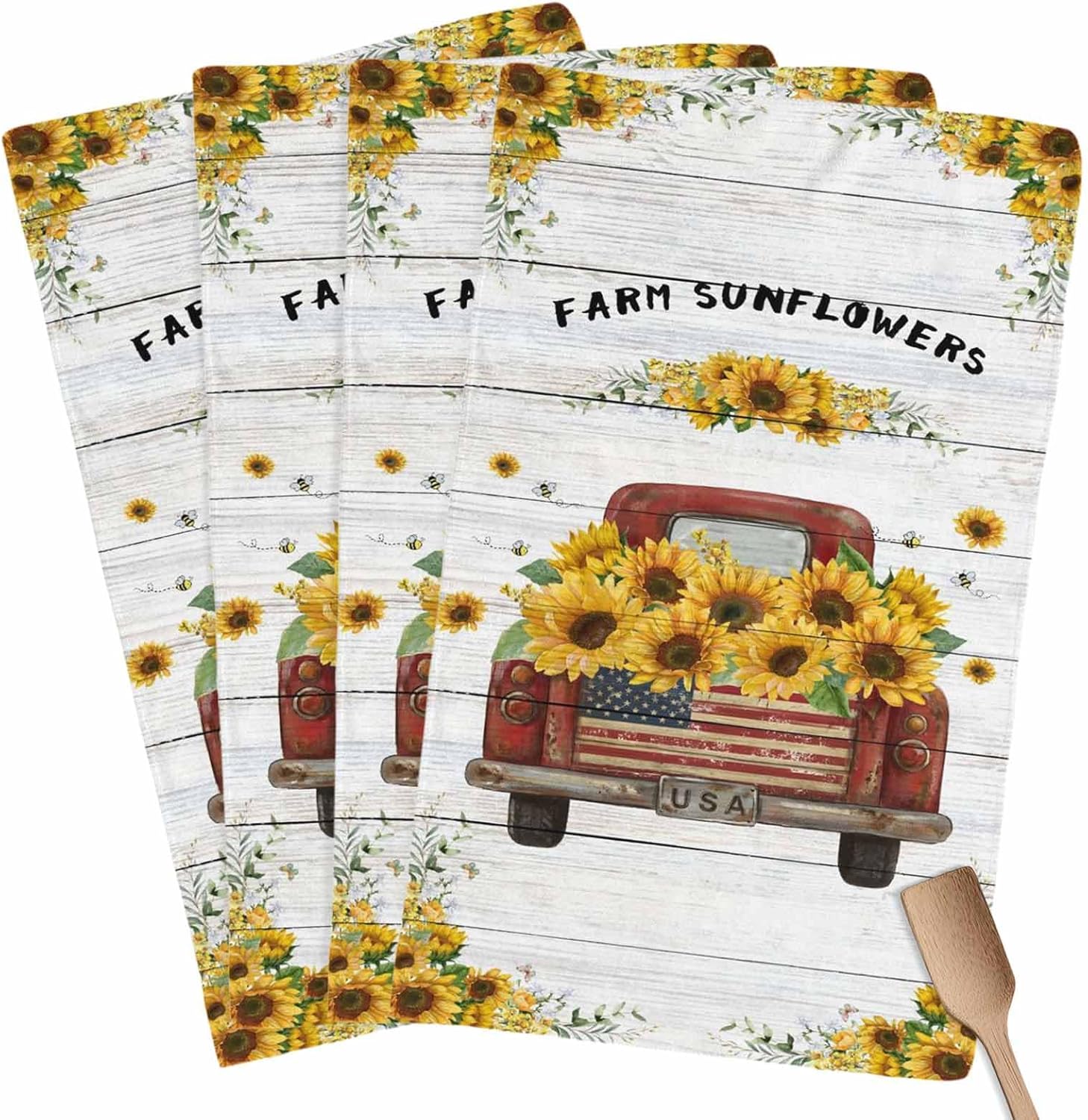 Red Truck Sunflower Kitchen Dish Towels Set of 4, Soft Lightweight Microfiber Absorbent Hand Towel Wooden Board Tea Towel for Kitchen Bathroom 18x28in