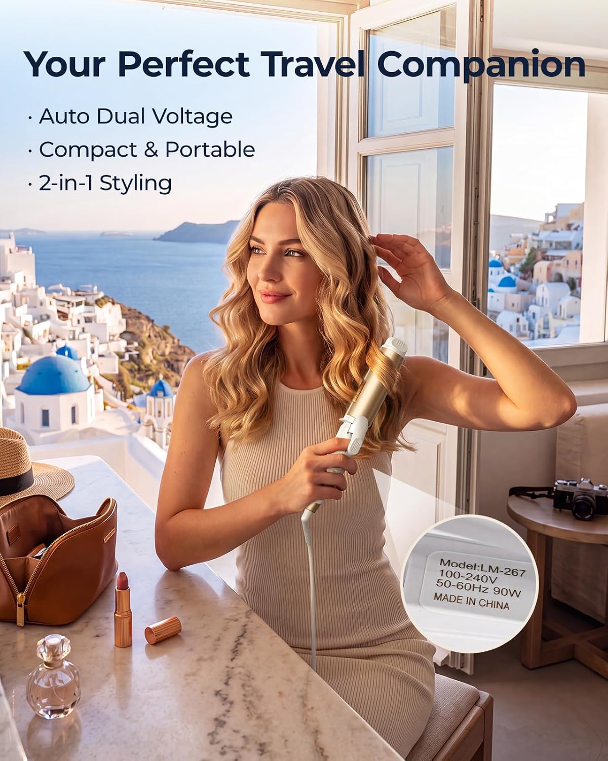 Condition photo showing New/Like New for furiden lite dual-voltage curling iron, 2-in-1 travel combo for carry-on | 1 1/2 inch europe travel curling iron & straightener with 3 temps settings, 110~240v for shoulder-to-armpit length hair 1.5?? barrel — creates loose waves gold