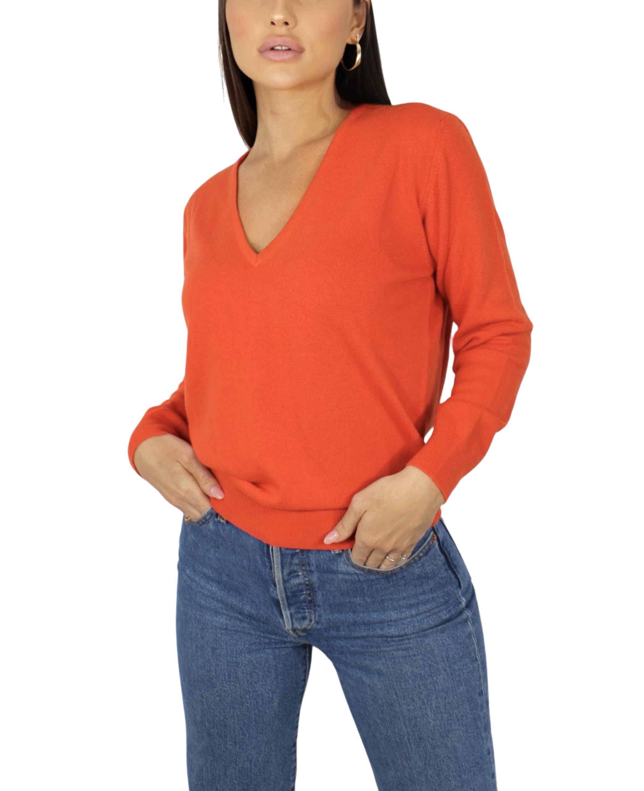 Win's Women's Cashmere V-Neck Sweater, Made in Italy, Orange, XL