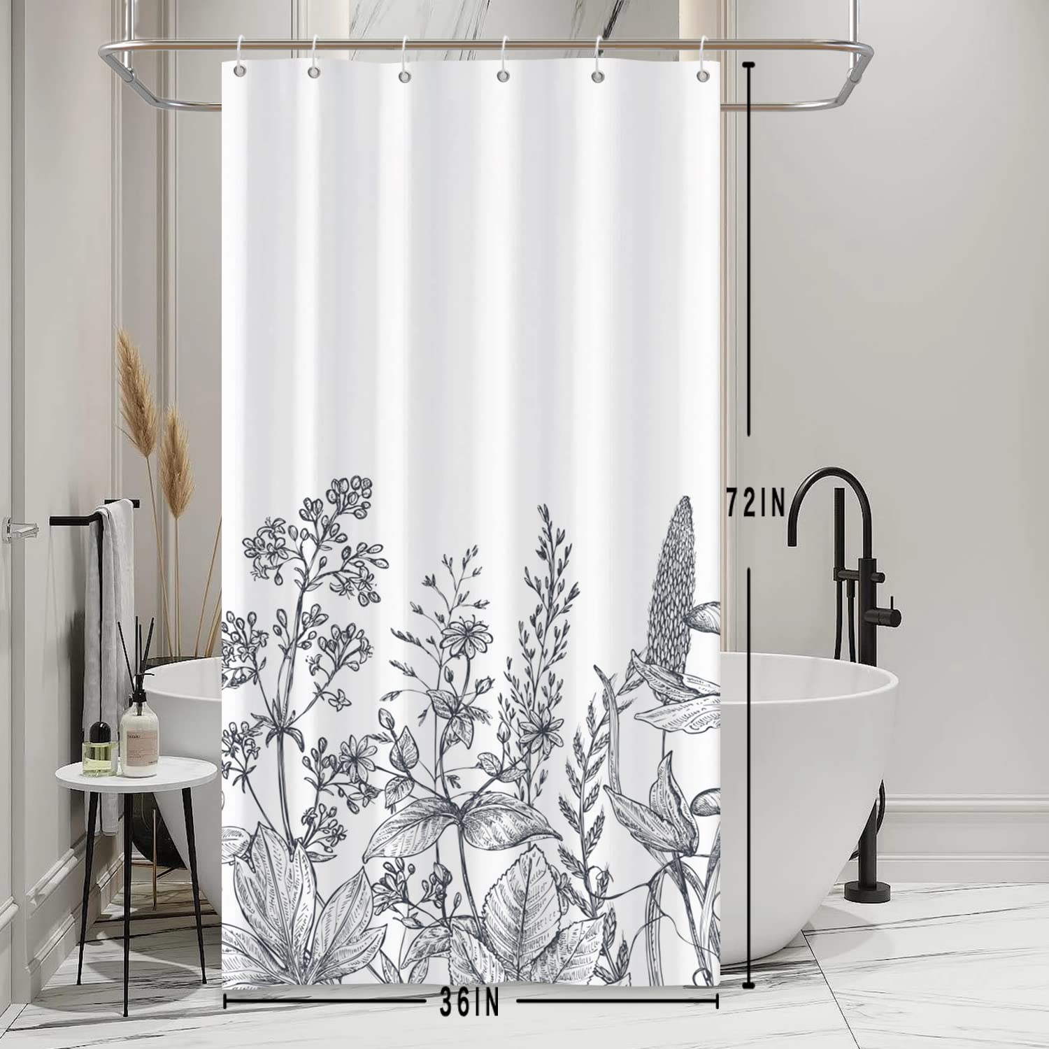 Bovlleetd Flor Cortina de Ducha Pequeño Puesto Arte Pintura Baño Cortina de Ducha Tela En blanco y negro Cortina de Ducha Wild Florals Decoraciones florales retro de la bañera del campo de la vendimia