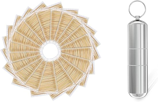 1200 Counts Premium Bamboo Toothpicks in 20 Small Packs with One Large Portable Metal Aluminum Toothpicks Holder Waterproof Silver Color Dia.25mm -MSL248