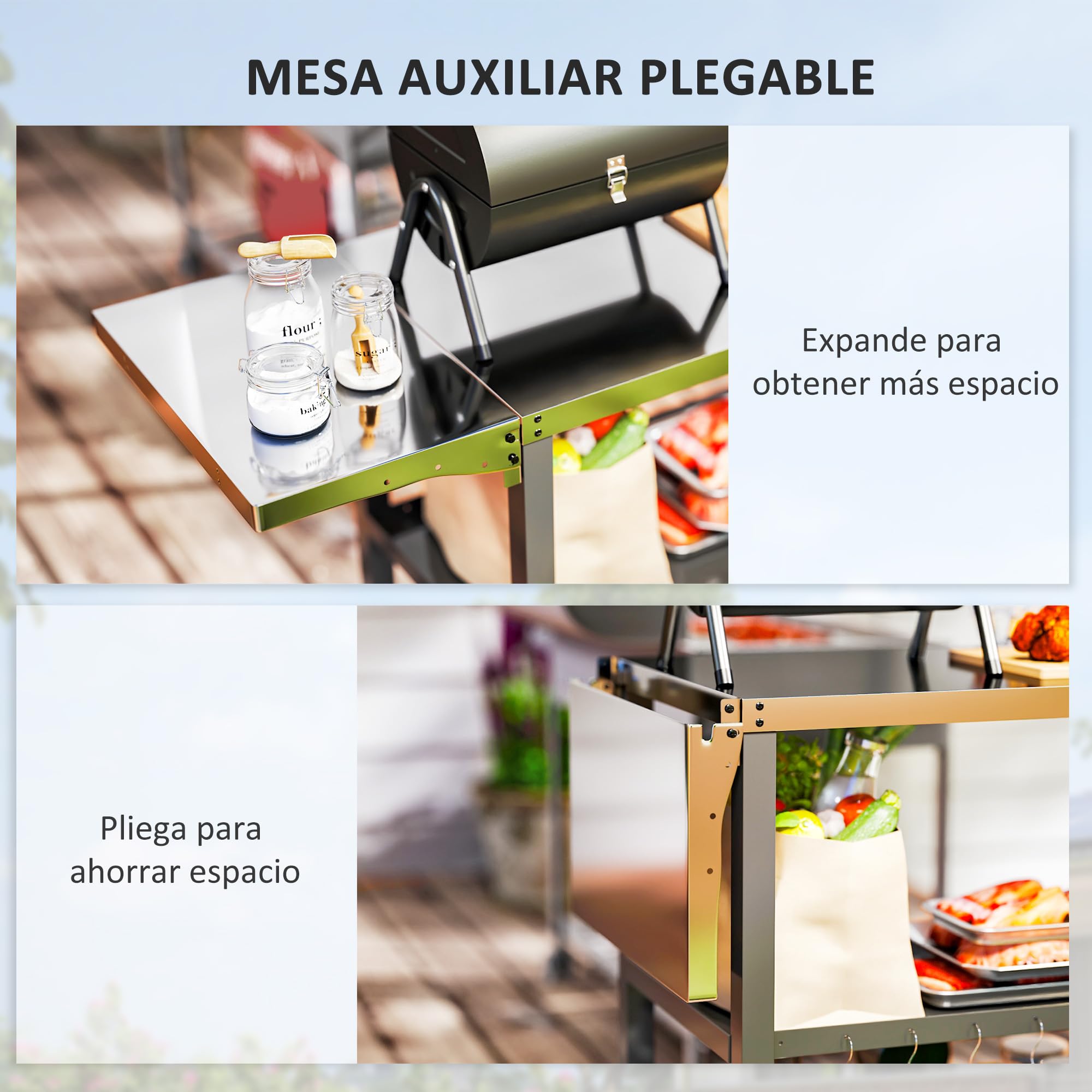 Outsunny Carrito de Parrilla de 3 Niveles Carrito de Barbacoa Carro de Servicio con Ruedas Estantes Encimera de Acero Inoxidable Lateral Plegable y Asa Mesa de Horno de Pizza para Jardín Patio Negro