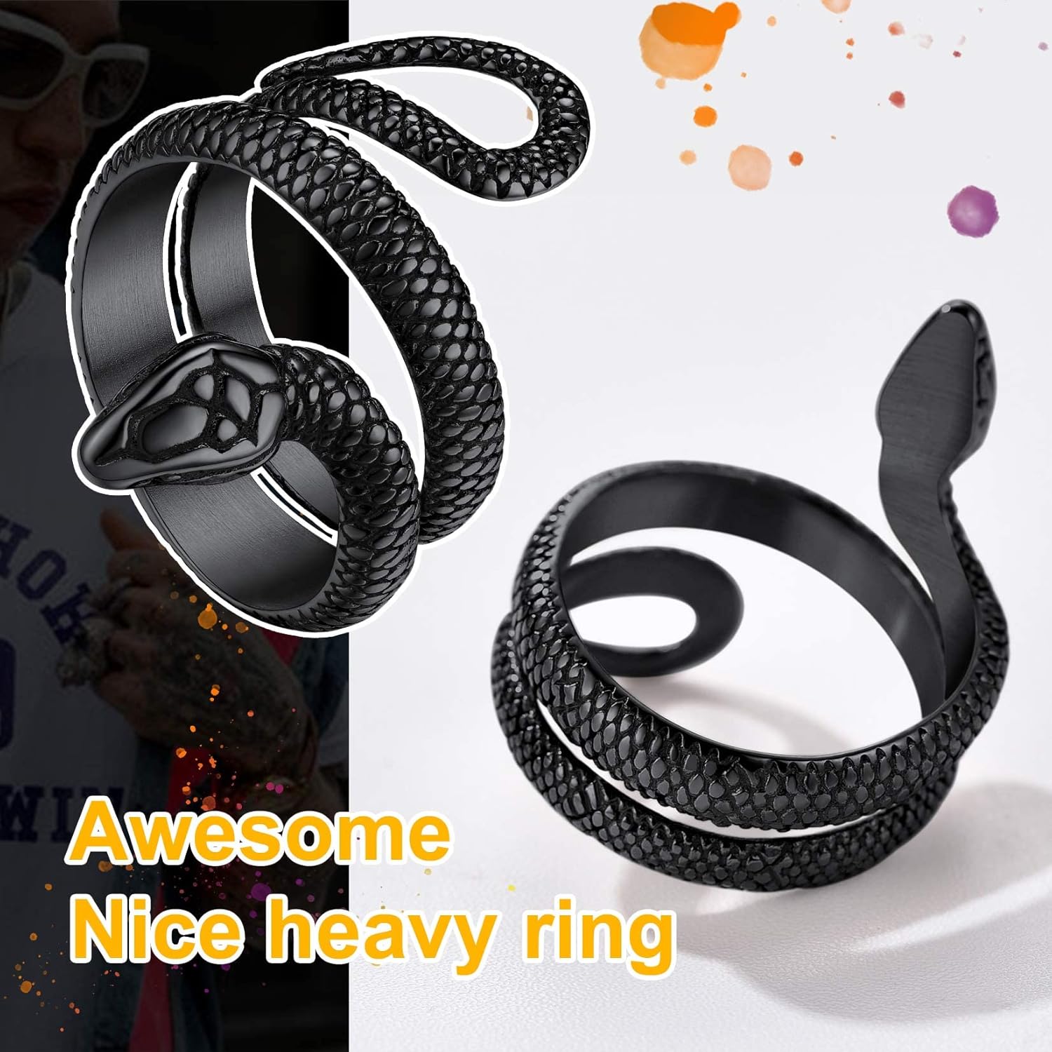 ChainsProMax Stainless Steel Gothic Snake Rings, Vintage Retro Serpent Rings, Can Engrave, Gold Plated/Black-Send Gift Box - Image 5
