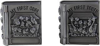 MIXDOM First Curl and First Tooth Keepsake Box for Kids Metallic Engraved Book Shape, Silver Tooth Holder, Tooth Collection Organizer, Great Gift Idea for Babies to Keep The Childhood Memory