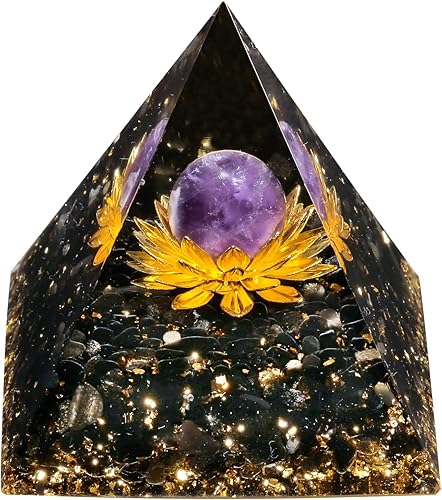 Rockcloud Esfera de piedra de cristal de pirámide de orgón en base de loto generador de energía para meditación de equilibrio de chakras, amatista