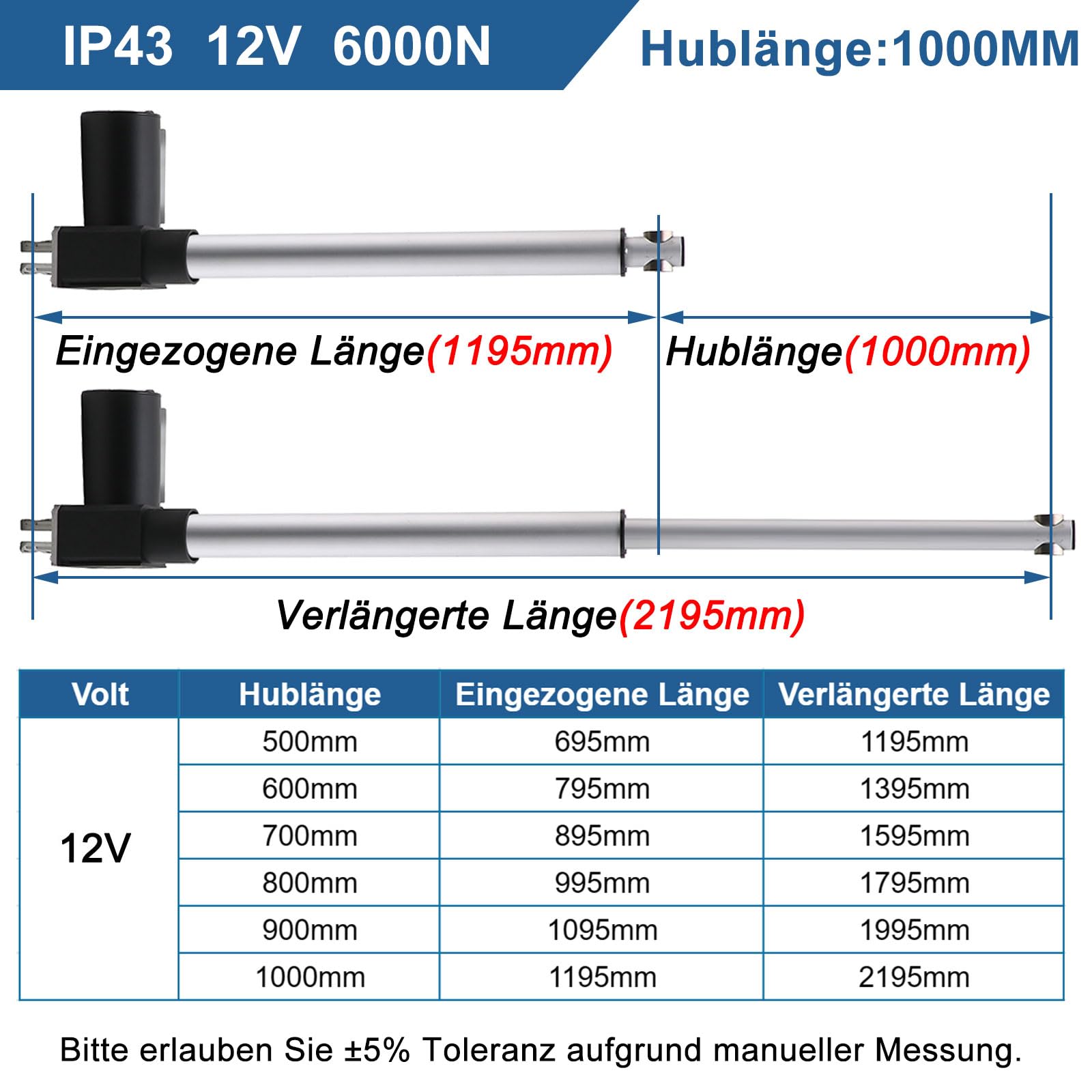 Accionamiento lineal DC 12 V 6000 N 1000 mm motor lineal actuador lineal actuadores de tecnología lineal para médicos, automóviles, abridores de puertas eléctricos, sofá elevador (4 mm/s)