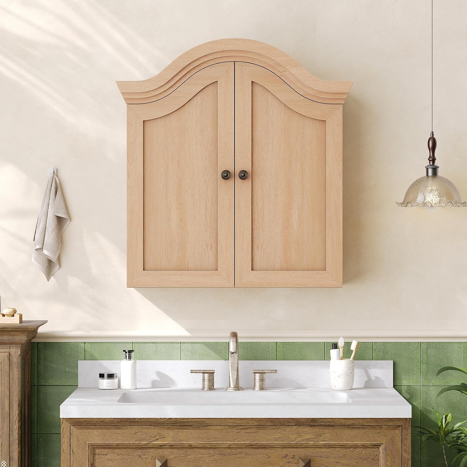 Bathroom Wall Cabinet with Scalloped Arched Top & Adjustable Shelf, Over The Toilet Storage Cabinet with Recessed Door & 3 Shelves, Medicine Cabinet for Bathroom, Laundry Room, Natural