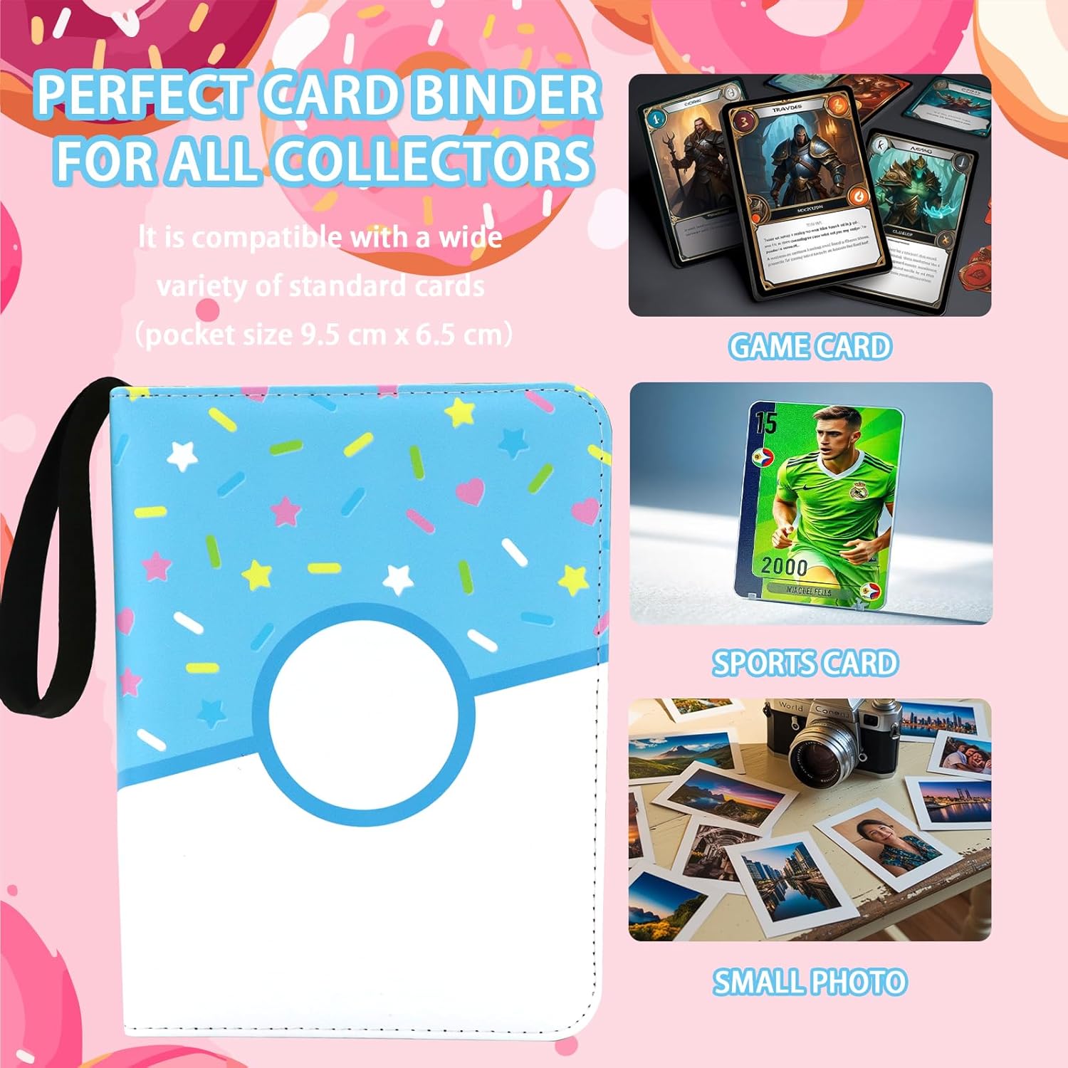 9 Pocket Card Binder 900 Card Holder Album, Pink Donut Trading Cards Holder Zipper Binder for Girl Teen Collection (Blue Donut, 900 Pocket)