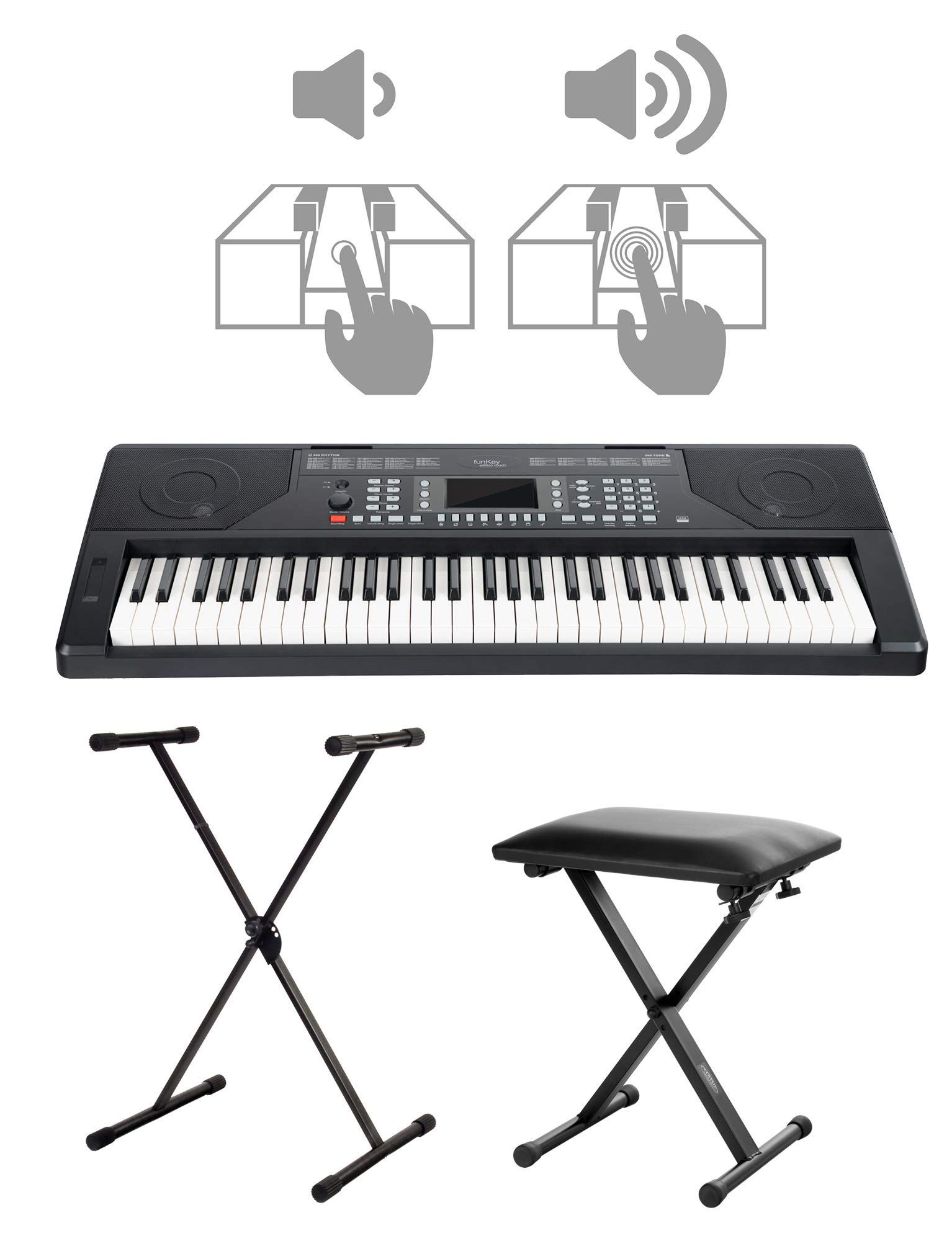 FunKey 61 Edition Touch schwarz Set inkl. Keyboardständer + Bank, Vibrato | 61 anschlagsdynamische Standard-Keyboardtasten, LC-Display, 300 Sounds, 300 Rhythmen, 40 Demosongs, 8 Percussion-Pads, 7 kg