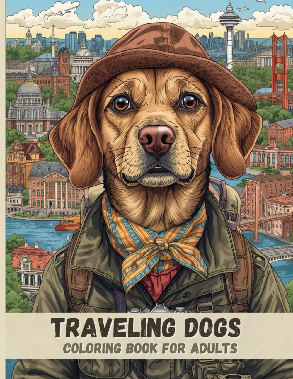 Traveling Dogs Coloring Book for Adults: Adorable Explorer Dogs, Scenic City Views, and Relaxing Black & White Coloring Pages