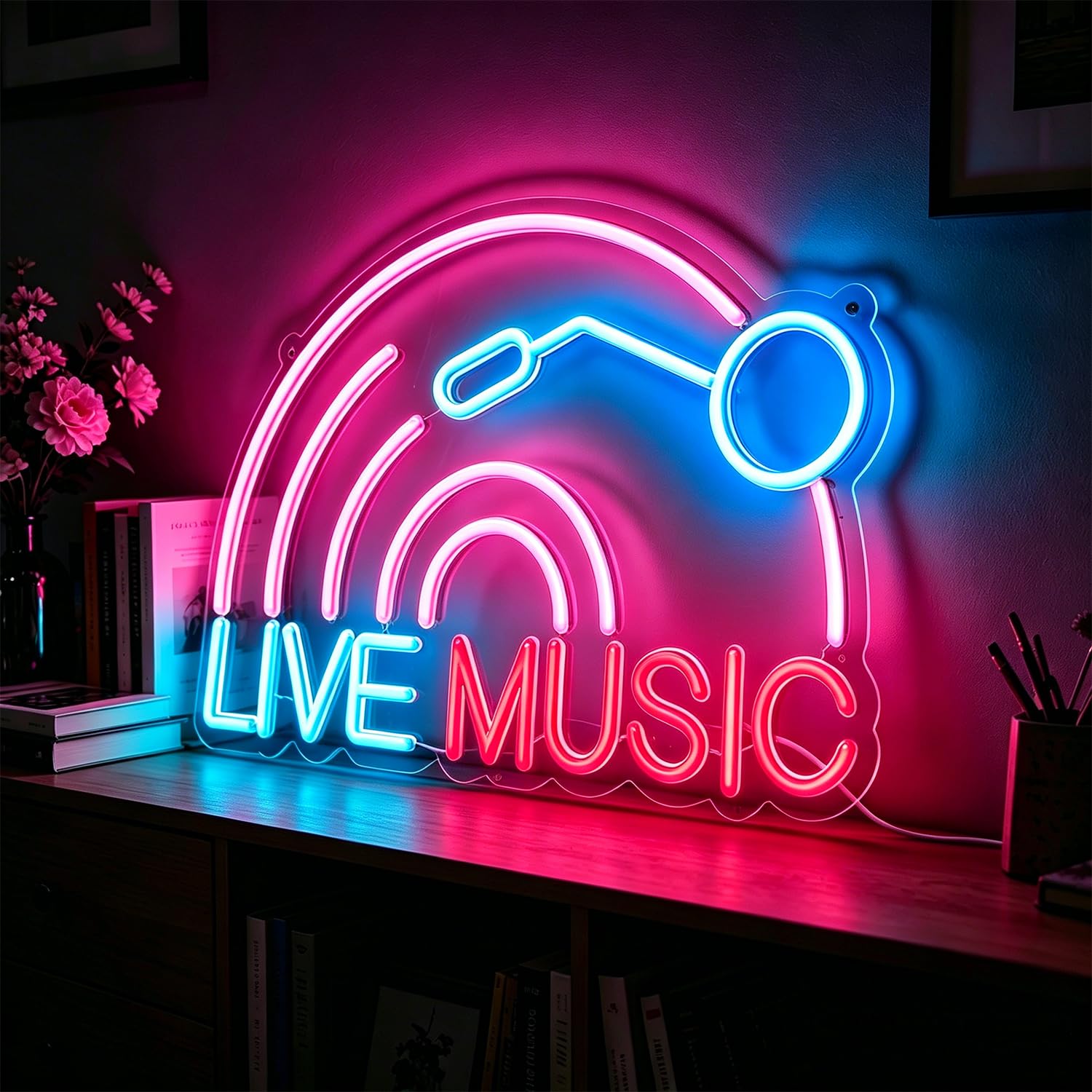 Live Music Neon Sign LED Neon Sign Light Up for Wall Decor for Wall Decor, Dimmable USB Powered Neon Light for Bar, Musics Studio, Bedroom, Party, Club, Gift for Music Lovers 15.74’’x11.02’’