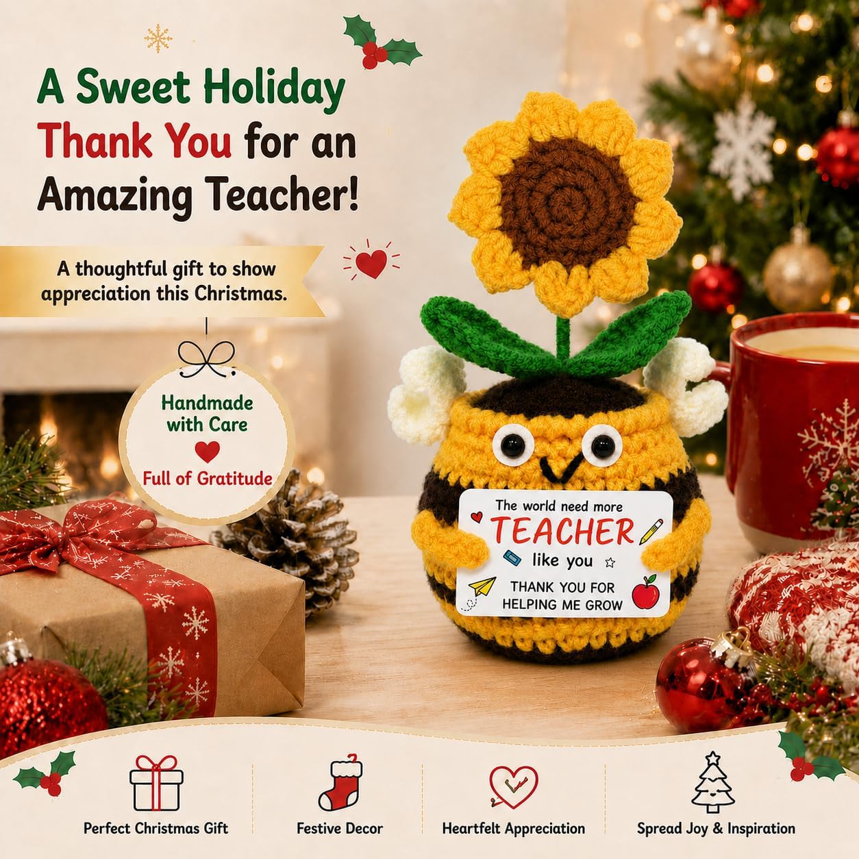 Teacher Gifts for Women, Handmade Crochet Bee Sunflower
