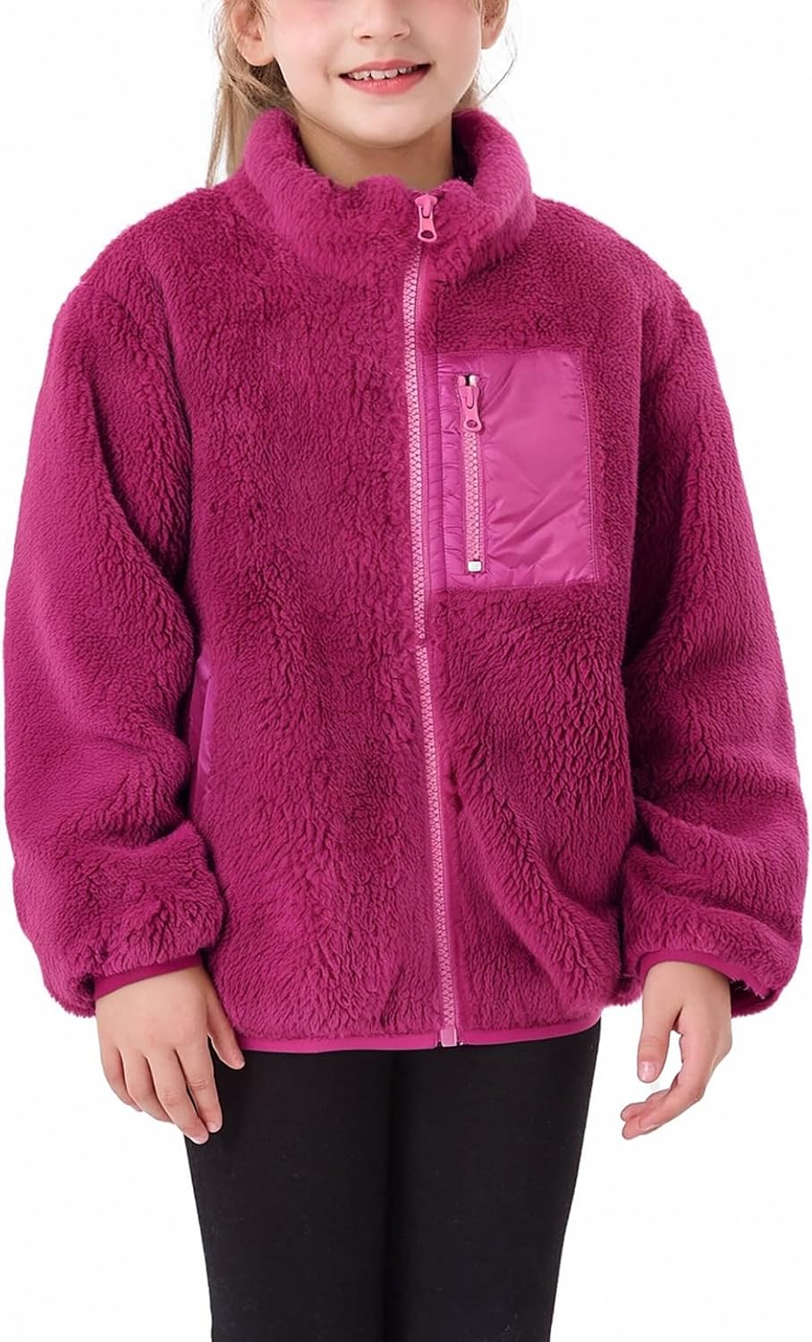 Girls Fleece Jacket Full Zip Up Soft Sherpa Teddy Coat Chest Pockets Fall Winter Jackets Kids Outwear for 5-14y