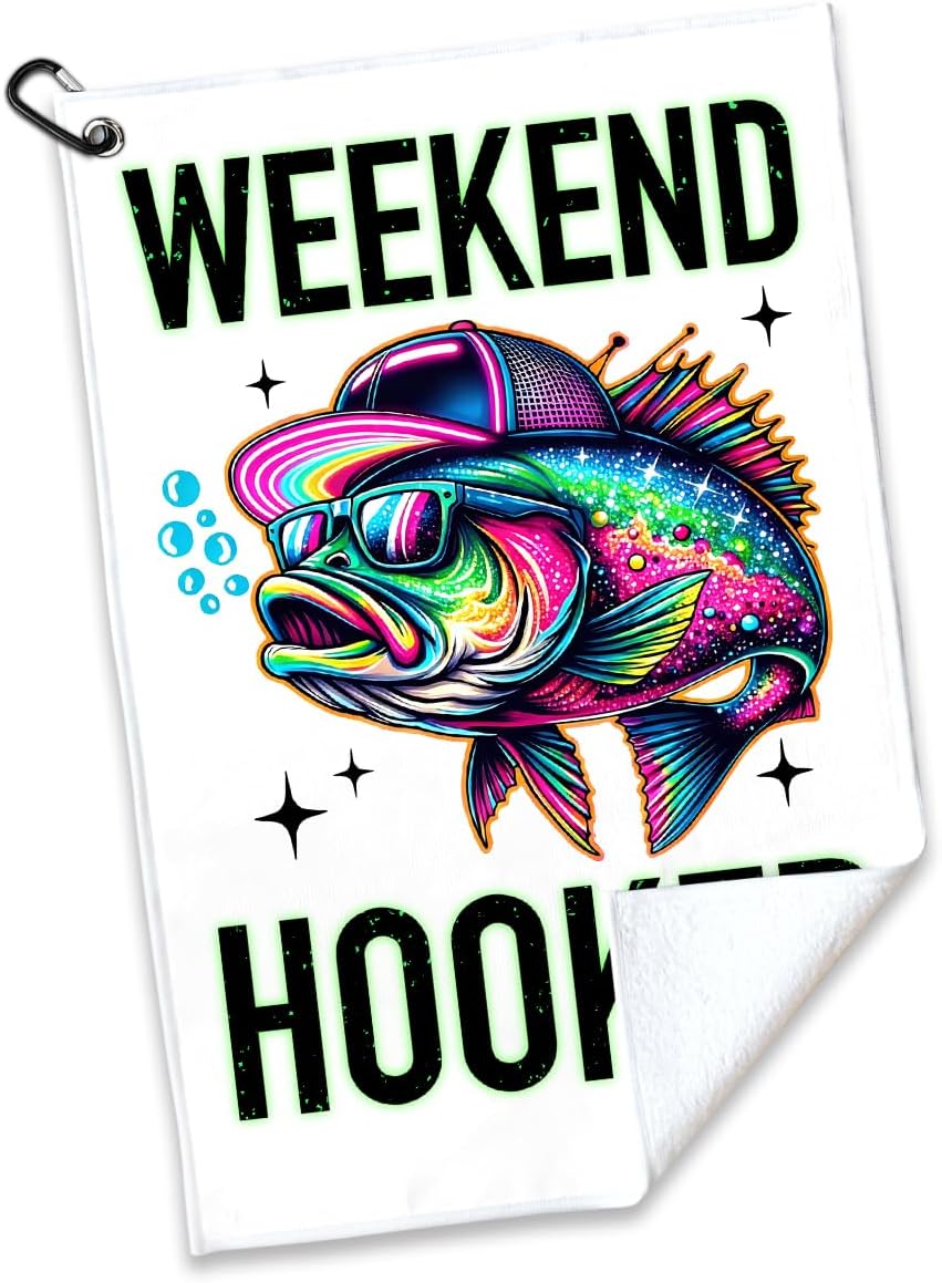 Weekend Hooker Polyester Printed Towel with Clip, Funny Bass Fish Fishing Gifts & Accessories for Men Fishmen Dad Grandpa, Fishing Lover Retirement Father's Day Birthday Gifts