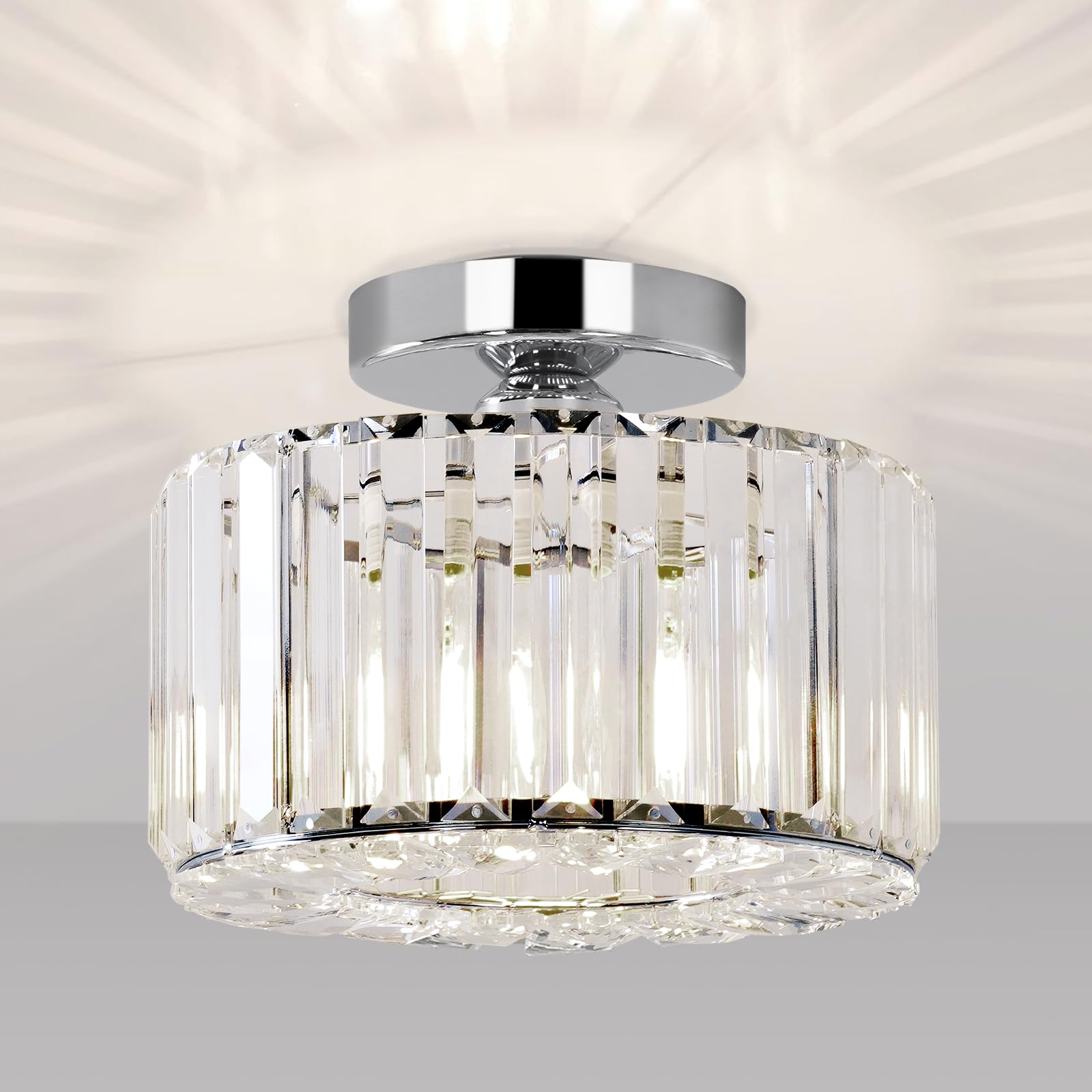 Lampadario Moderno in Cristallo, Plafoniera Color Argento con Paralume in Vetro, Plafoniera a Semi-incasso E27 per Soggiorno Camera da Letto Cucina Sala da Pranzo Corridoio Bagno Ingresso