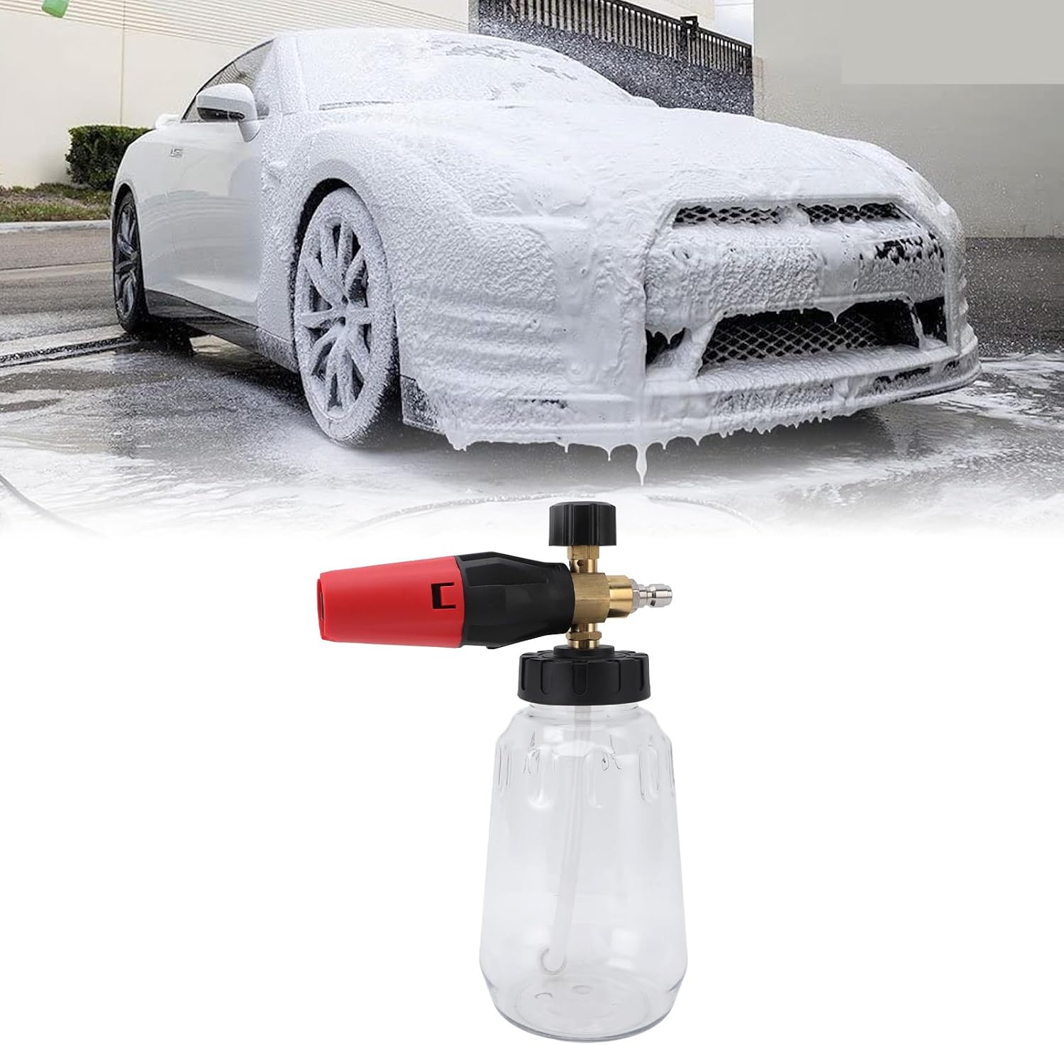 Car Wash Foam Sprayer Cannon, 1000ml High Pressure Washer Foam Cannon with 1/4in Quick Connector, Adjustable Foam Nozzle for Bike Motorcycle Truck SUV, Durable PE Brass Stainless S