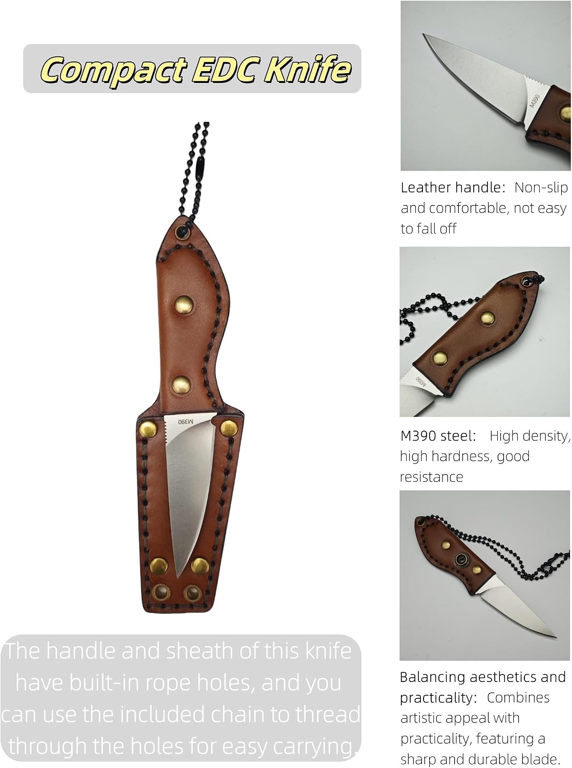 6.02" Inches EDC Fixed Blade Knife with M390 Steel, Leather Handle & Sheath, Brass Rivets - Compact Outdoor & Daily Carry Tool