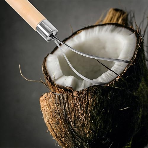 Miniatura 8 de Cabilock Recogedor de carne de coco raspador de acero inoxidable con mango de madera, herramienta de cocina para fácil eliminación de carne de coco