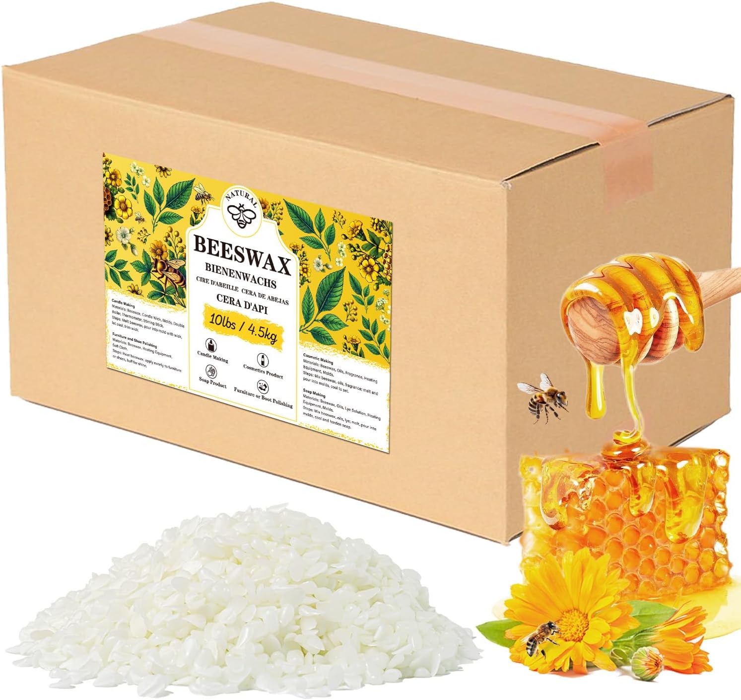 Beeswax pellets 10LB, VEGISHINE Pure and Natural White Beeswax for Candle Making, DIY Skin Care, Lip Balm, Polishing, Lotion, Soap, Candle Making Supplies