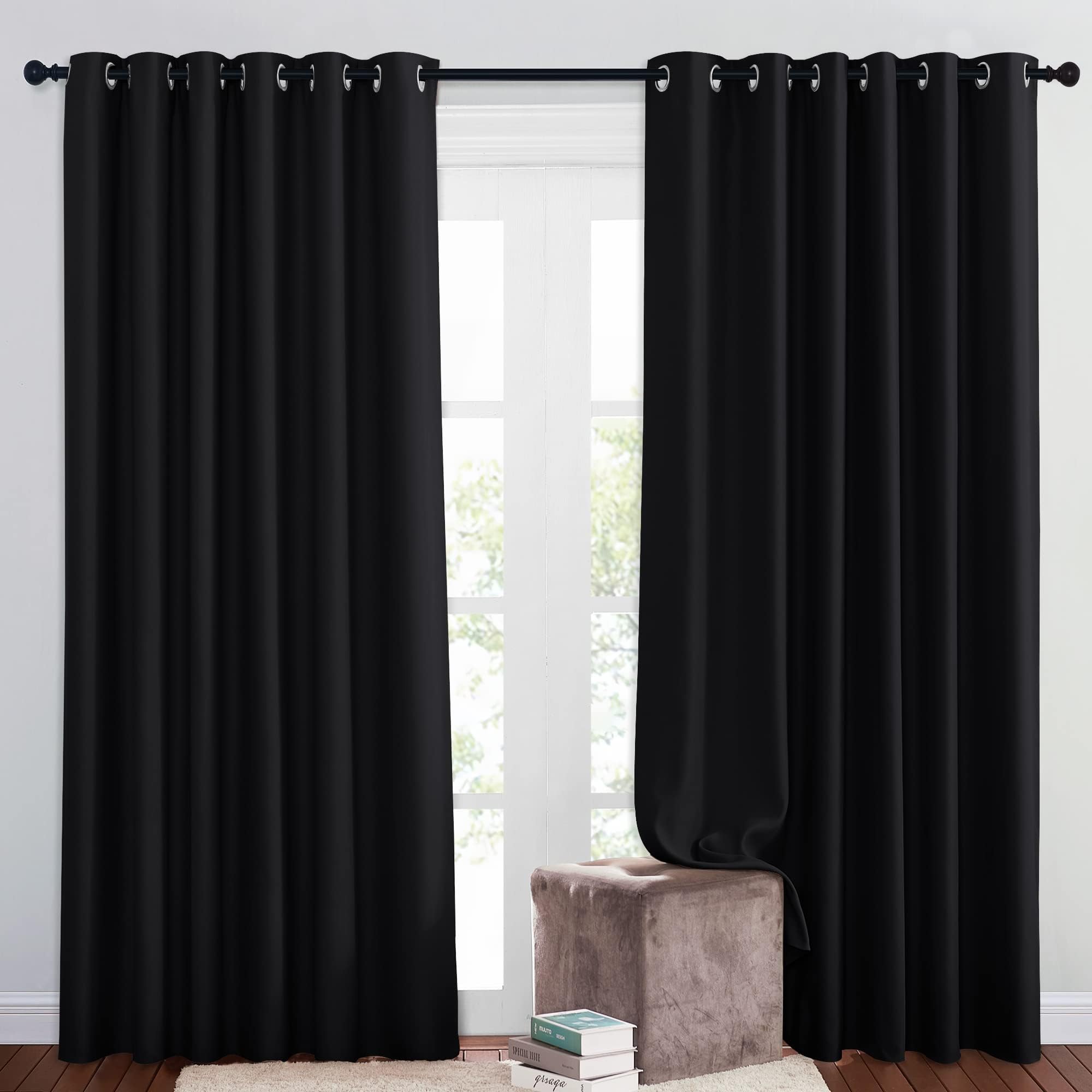 PONY DANCE Extra Wide Black Out Curtains for Living Room Thermal Insulated Blackout Curtains Room Divider Drapes Eyelet for Bedroom/Hotel Lounge, 2 Panels, W90 x L84 Inch, Black — image 1