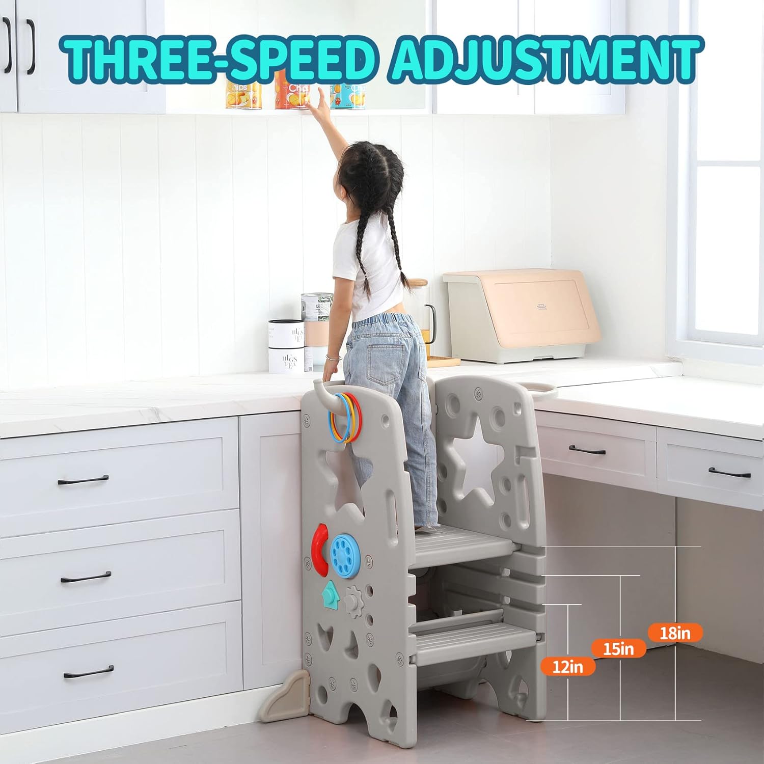 UNICOO® Multifunctional Kids Step Stool w/Double Safety Rails, Height Adjustable, Toddler Tower for Kitchen Countertop and Bathroom w/Drawing Board & Storage (OMLT-Grey)