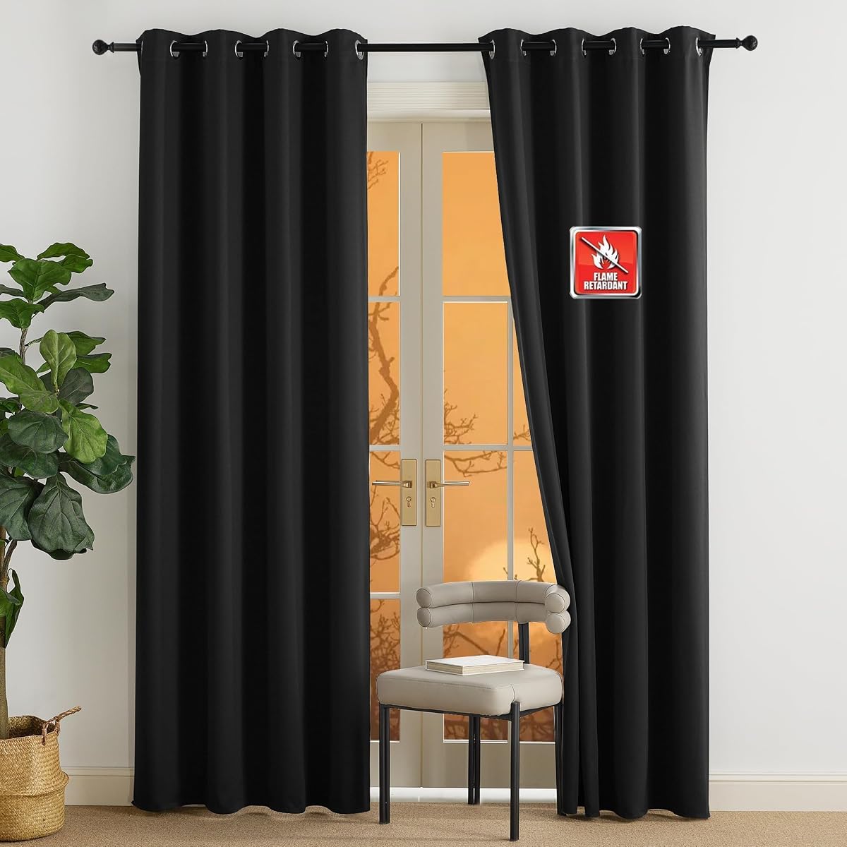 Fire Retardant Black Blackout Curtains 84 inch Length 2 Panels Set, 52 x 84 Safe Drapes for Home, Apartment, Office Conference Room, Light Blocking Privacy Window Treatments for Living Room