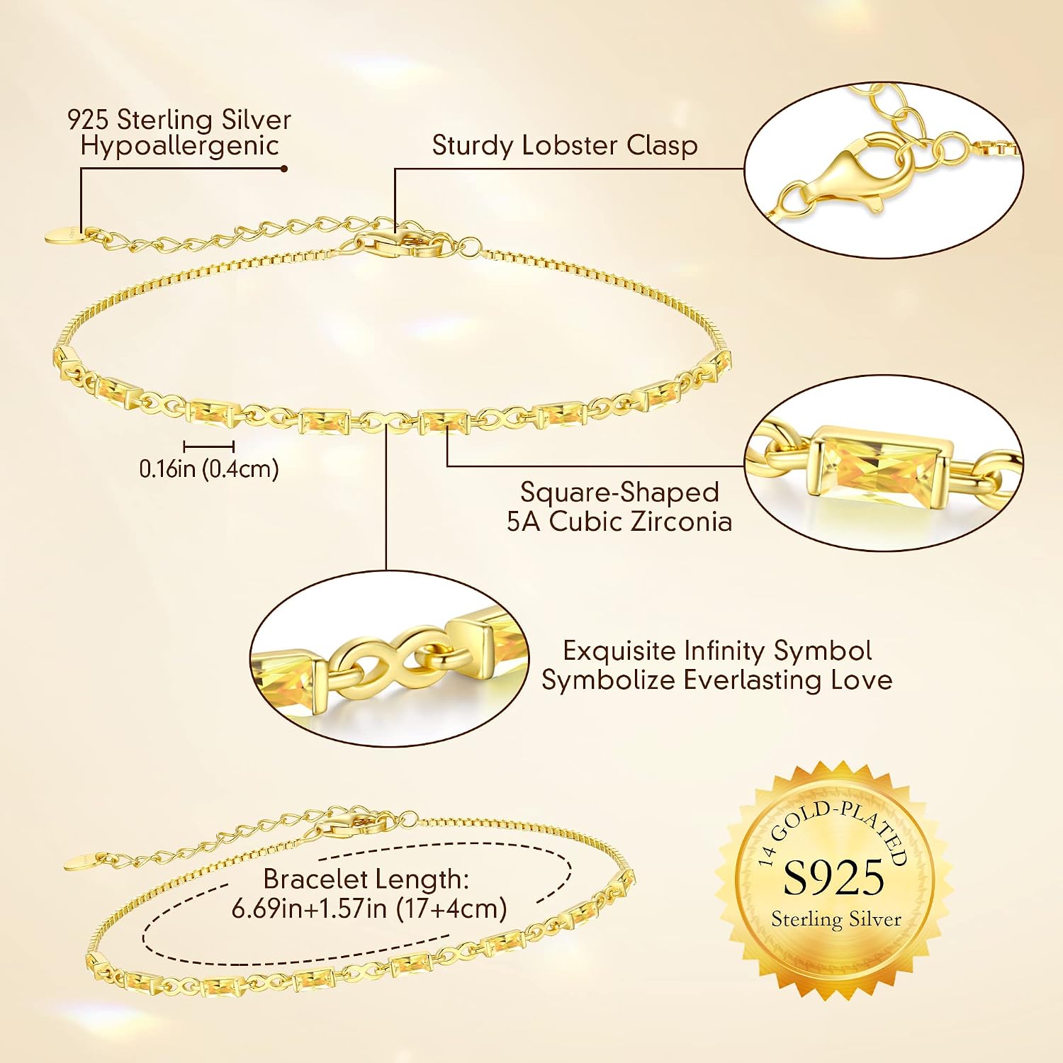 CDE 925 Sterling Silver Birthstone Bracelets for Women， Dainty Simple Link Charm Infinity Tennis Bracelet Birthday Anniversary Valentine's Mother's Day Gifts for Mom Wife Her, Chain Length 6.7”+1.6”