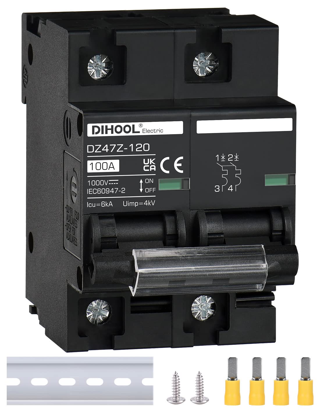 DIHOOL DC Circuit Breaker 1000VDC Solar PV Circuit Breaker Photovoltaic Fuse Automatic (DC1000V,2 Pole 100A)