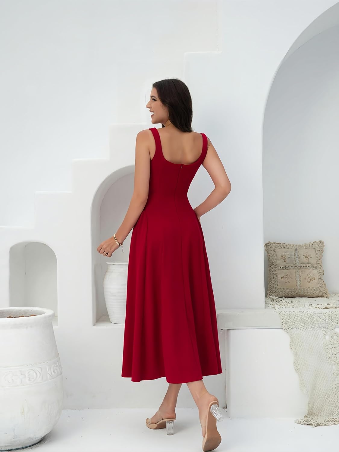 Women Square Neck Maxi Dress Slim Fitting Small Size Strappy Dress, Sleeveless Strap Long Dress for Women - Image 8