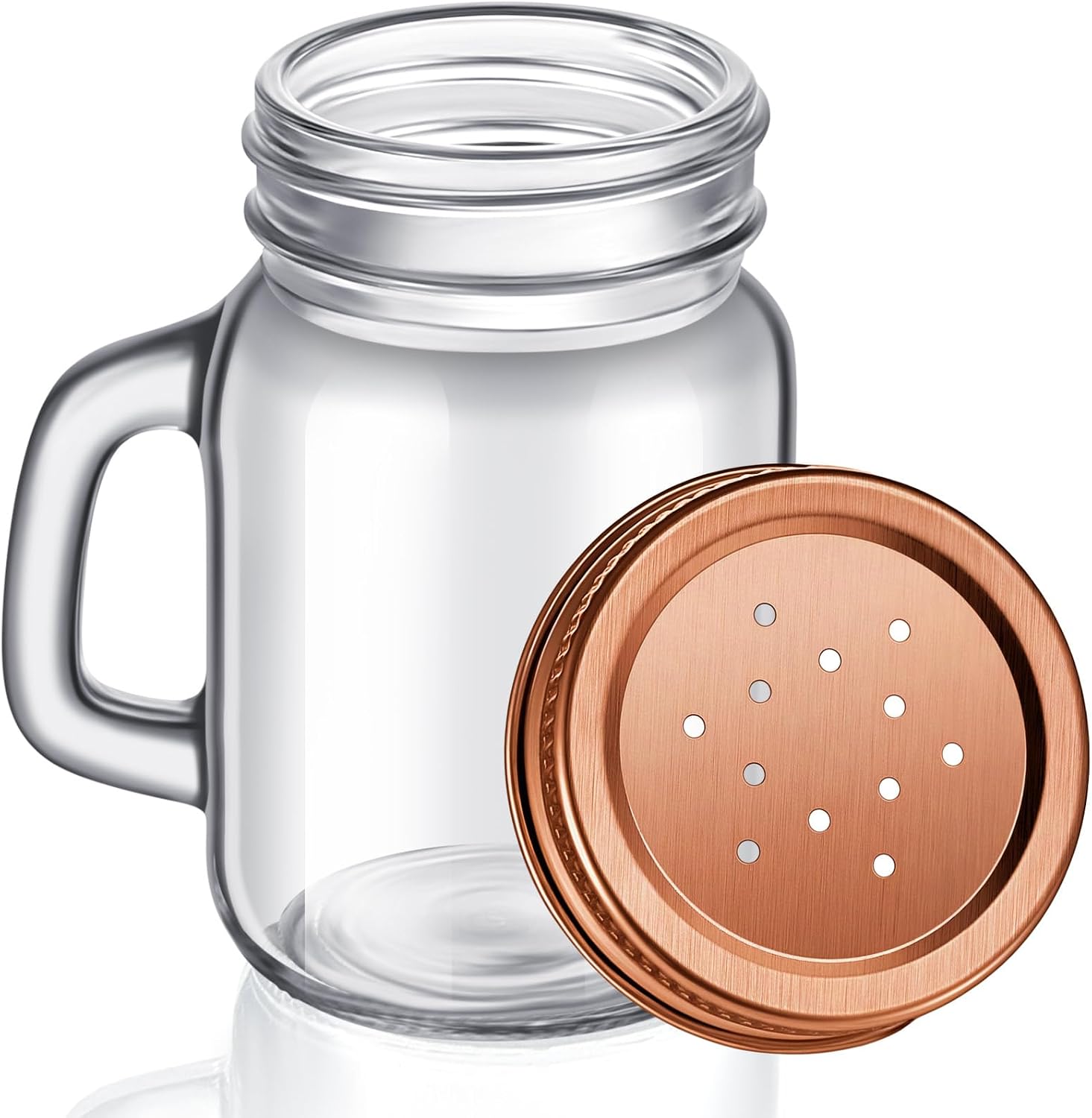 Tessco for you 1 Pcs Glass Salt and Pepper Shakers Clear Mason Jar Mini Salt Shakers for Kitchen with Metal Lid and Handles for Kitchen Table Drinkware Home Accessories (4 oz, Rose Gold)