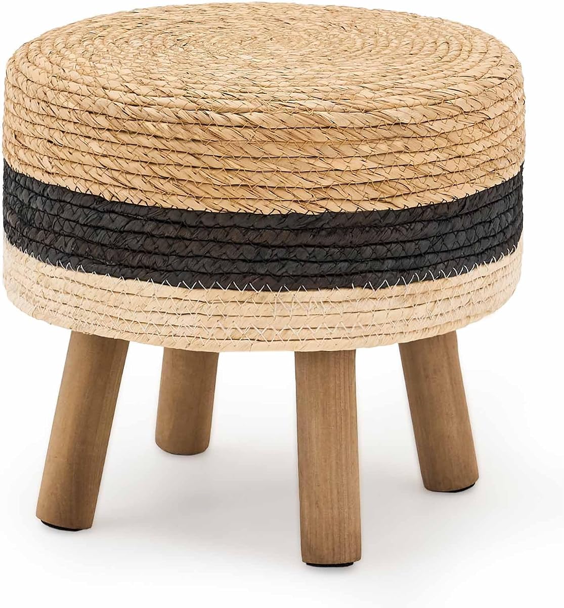 Pouf Ottoman, Round Footstool with 4 Wood Leg, Handmade Bohomia Natural Outdoor Footrest, Rustic Dressing Stool, Accent Vanity Chair (Short Black)