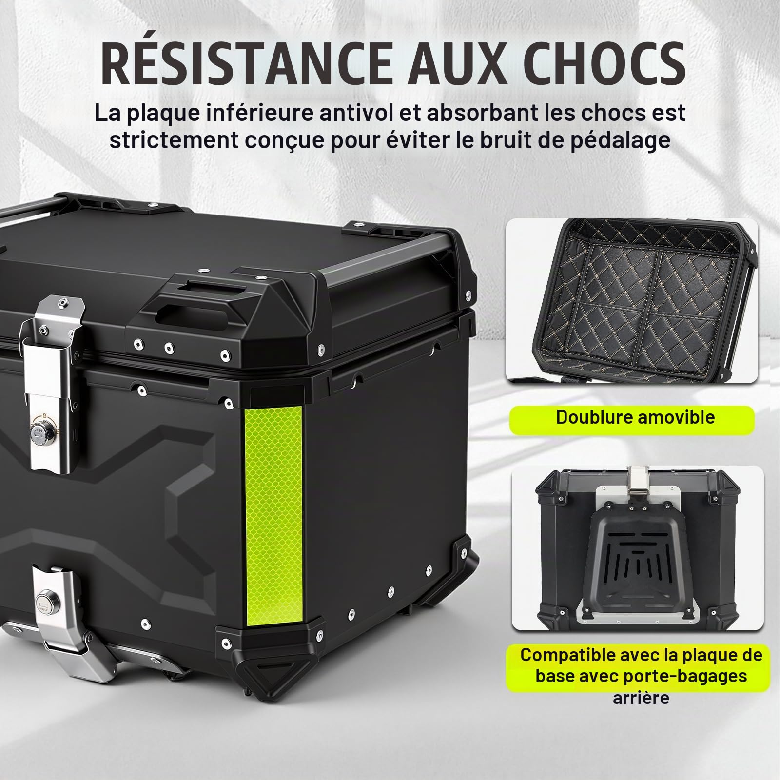 Top Case Universel pour Moto 45L, avec Dossier et Serrure de Sécurité, Coffre de Rangement pour Casque de Moto Étanche, Aluminium，Support de Fixation Universel (Noir)