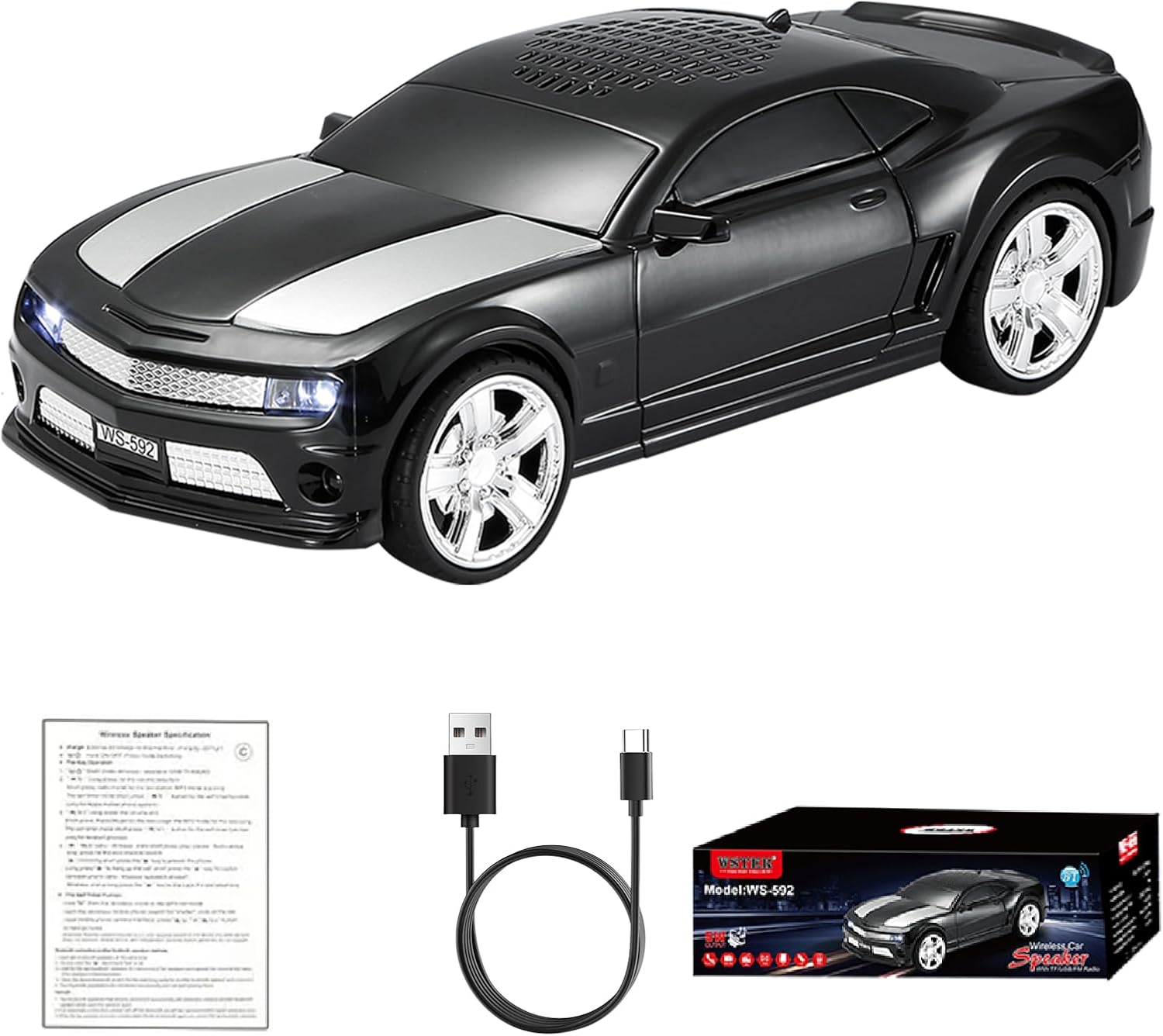 WSTER WS-592 Supercar Design Bluetooth Replica Speaker – Portable Car Model Wireless Speaker with TWS Stereo, FM Radio, LED Party Lights, USB/TF Playback, Hands-Free Calling, Microphone(Black)