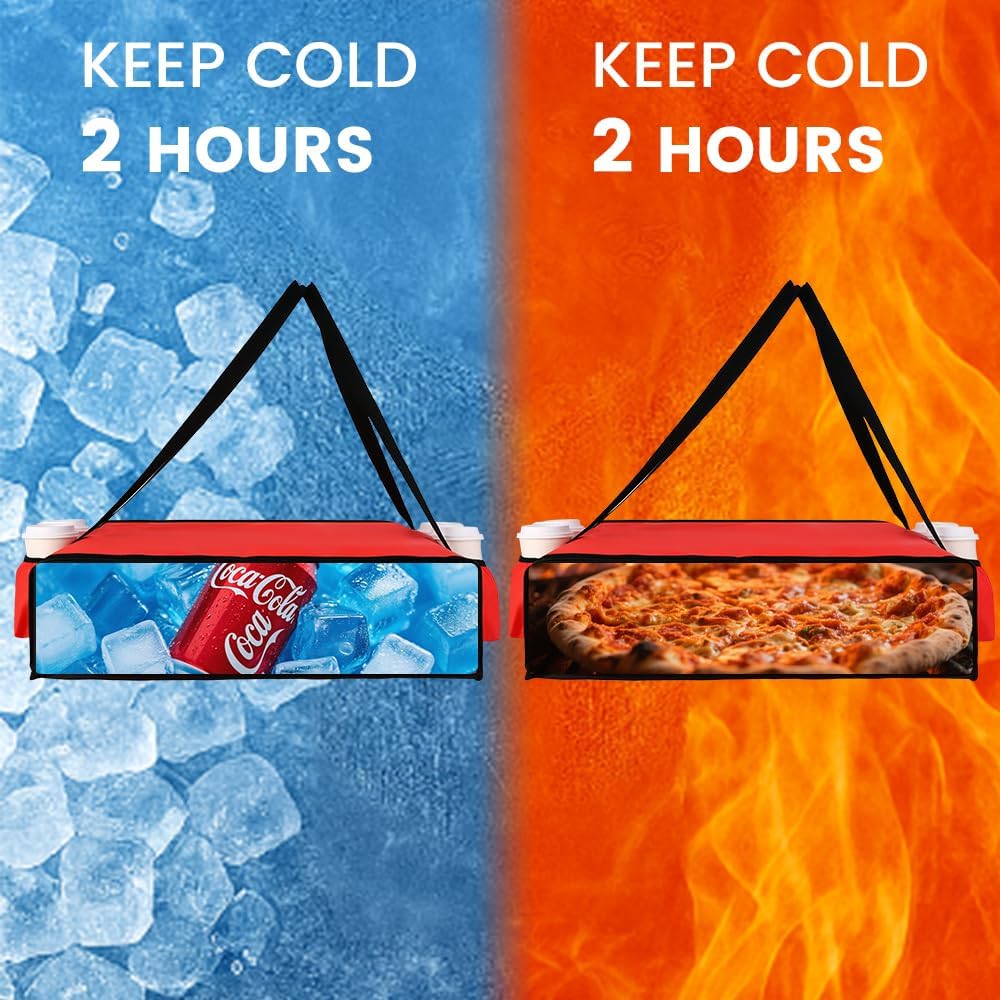 Insulated Pizza Delivery Bag with 4 Cup Holders, 24" x 6", Red | Pizza Warmer Bag for Hot Pizza/Drinks, Pizza Carrier for Events, Large Food Delivery Carrier for Transport/Shopping/Catering